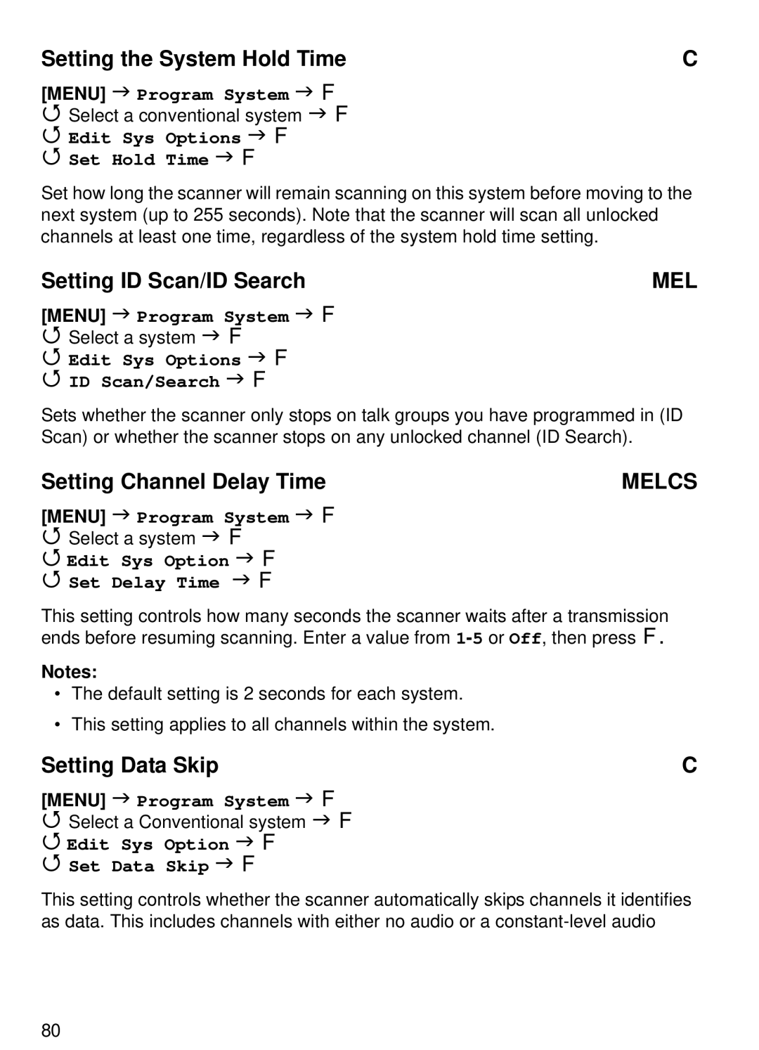 Uniden BCT15 manual Setting the System Hold Time, Setting ID Scan/ID Search, Setting Channel Delay Time, Setting Data Skip 