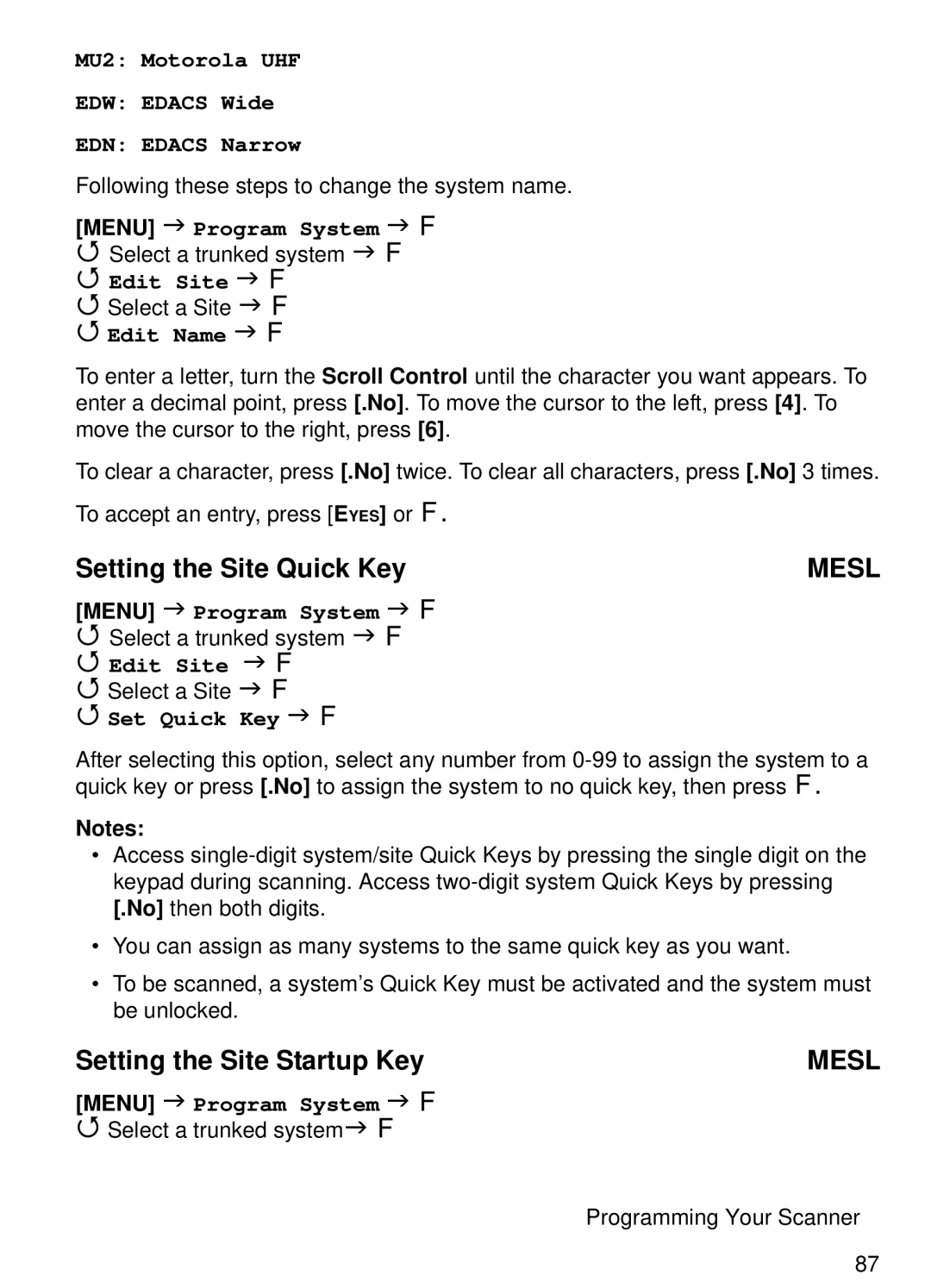 Uniden BCT15 Setting the Site Quick Key, Setting the Site Startup Key, MU2 Motorola UHF EDW Edacs Wide EDN Edacs Narrow 