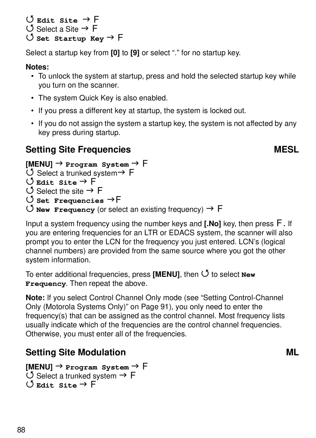 Uniden BCT15 manual Setting Site Frequencies, Setting Site Modulation, Set Frequencies F, Edit Site F 