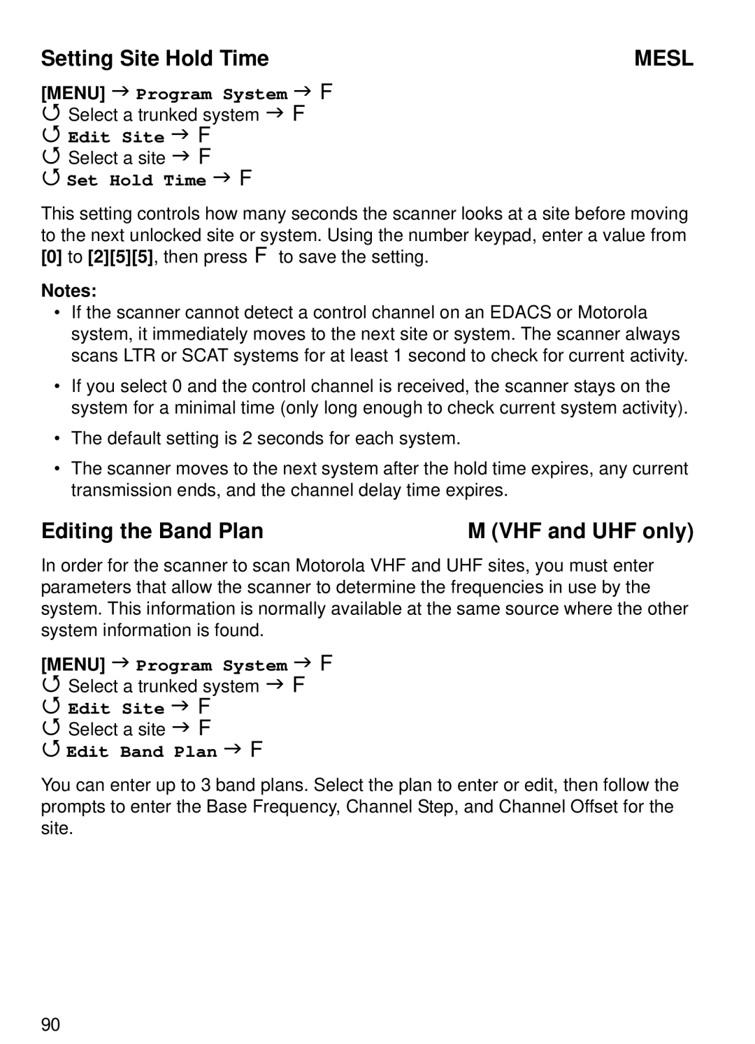 Uniden BCT15 manual Setting Site Hold Time, Editing the Band Plan VHF and UHF only, Edit Band Plan 