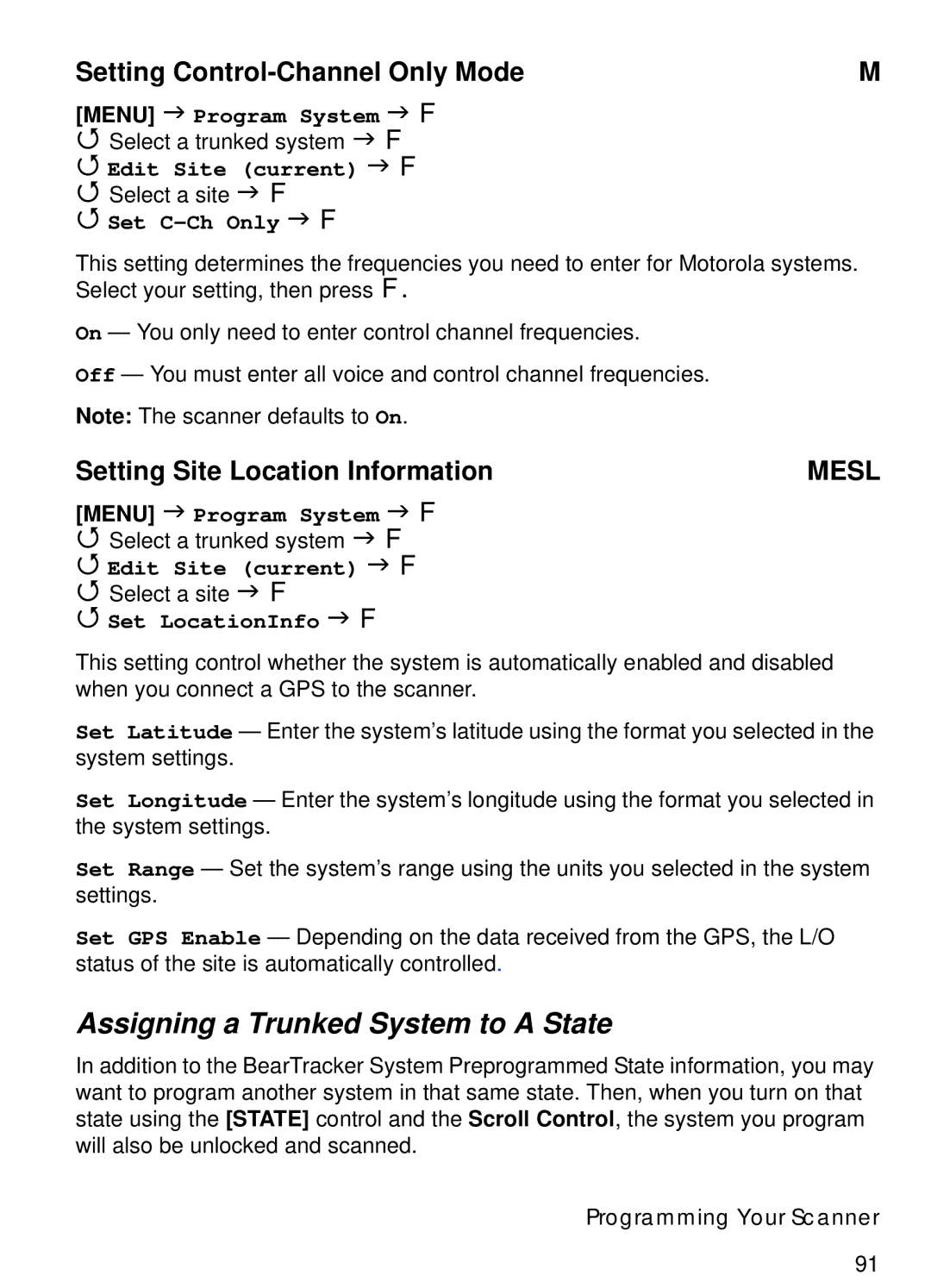 Uniden BCT15 Assigning a Trunked System to a State, Setting Control-Channel Only Mode, Setting Site Location Information 