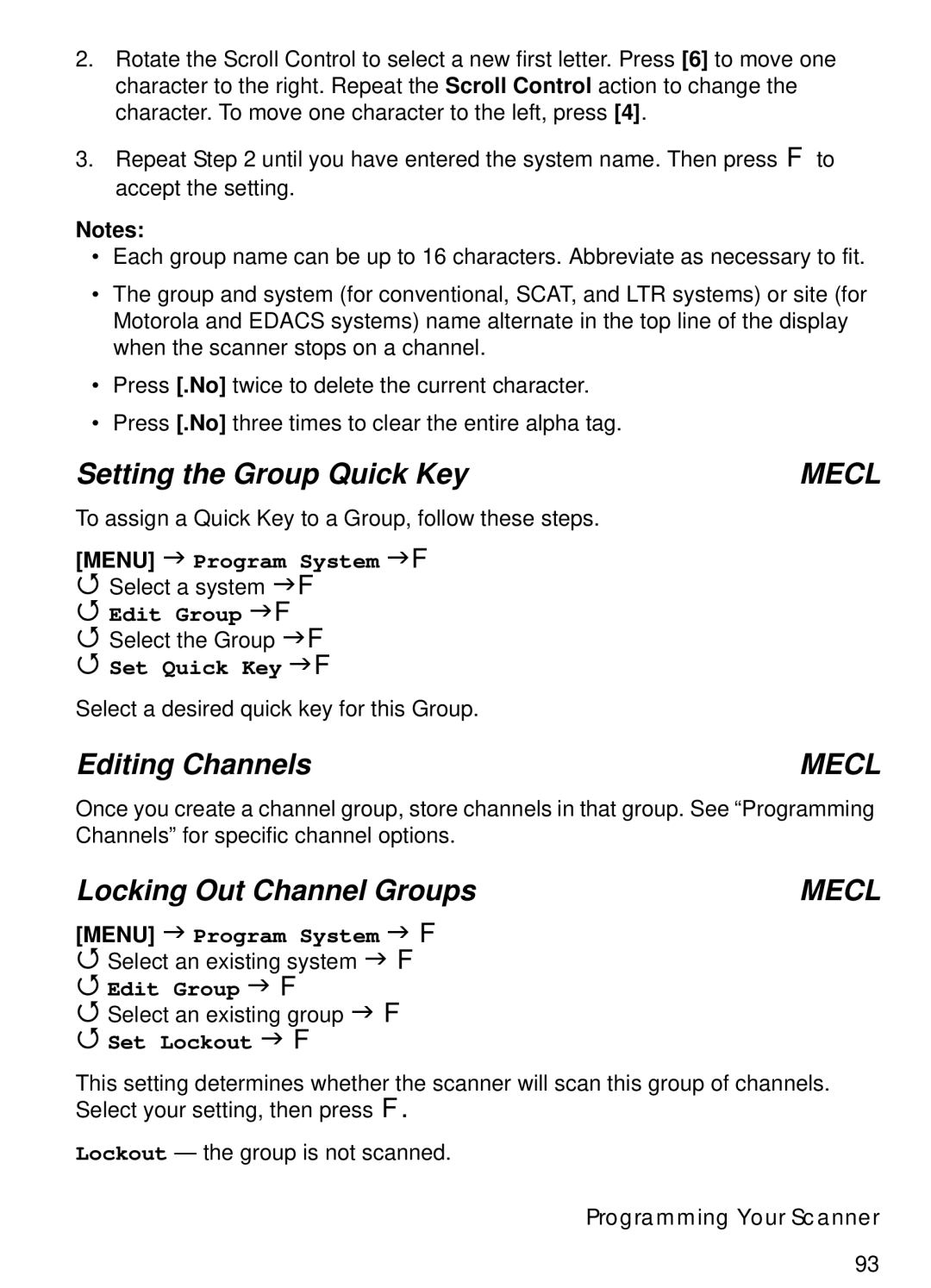 Uniden BCT15 manual Setting the Group Quick Key, Editing Channels, Locking Out Channel Groups, Edit Group F 