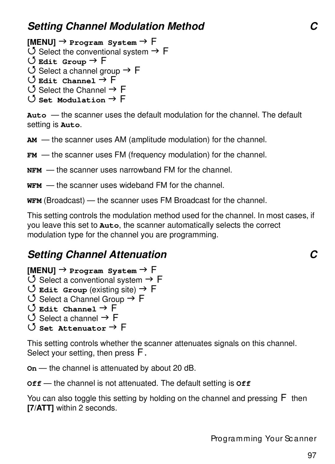 Uniden BCT15 manual Setting Channel Modulation Method, Setting Channel Attenuation, Set Modulation 