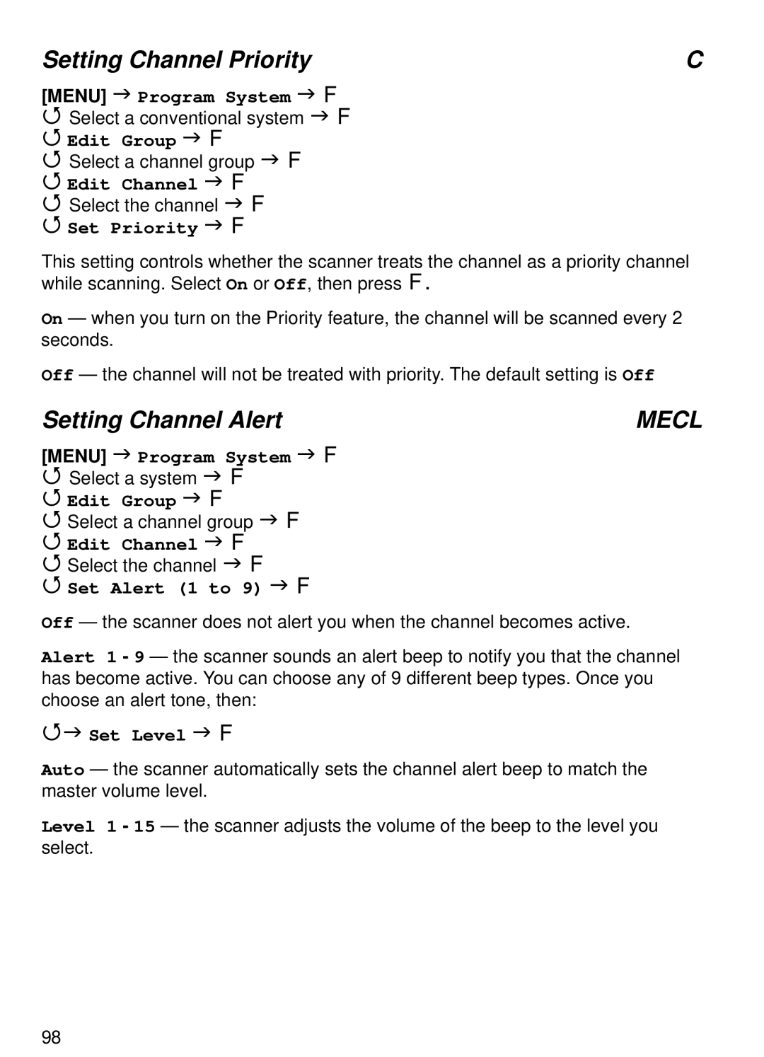 Uniden BCT15 manual Setting Channel Priority, Setting Channel Alert, Set Priority, Set Alert 1 to 