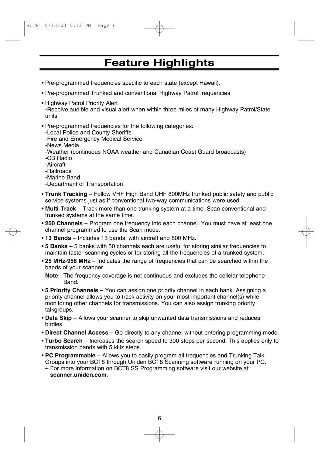 Uniden BCT8 manual Feature Highlights 