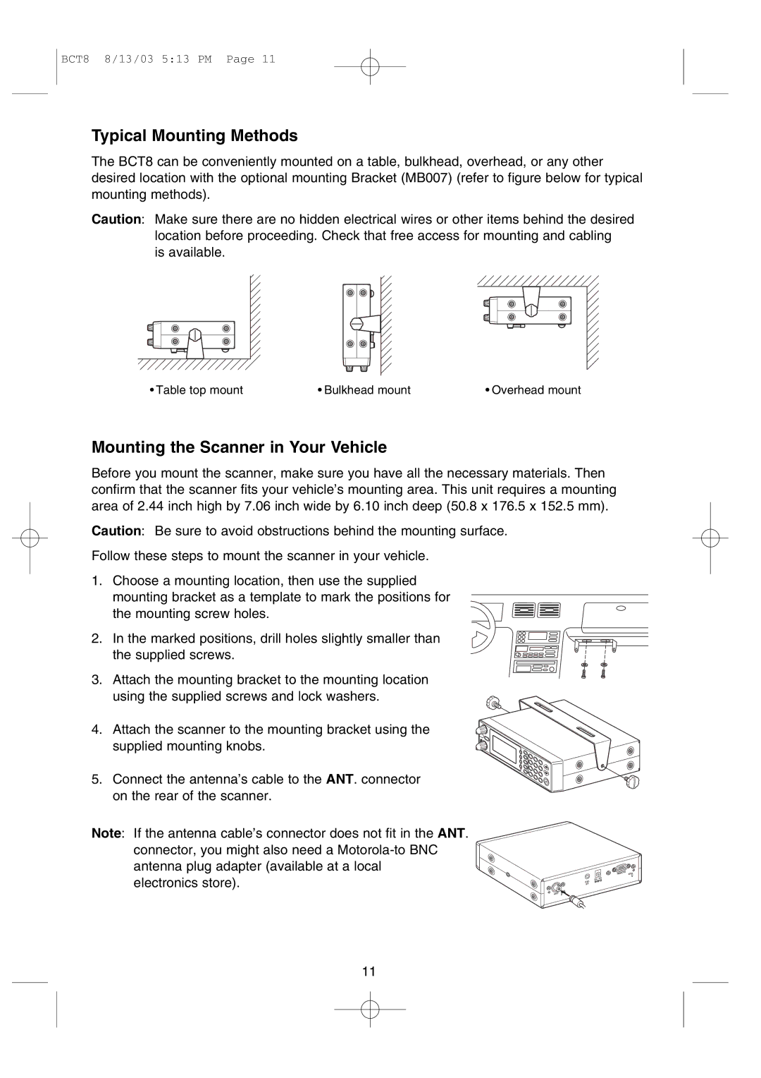 Uniden BCT8 manual Typical Mounting Methods, Mounting the Scanner in Your Vehicle 