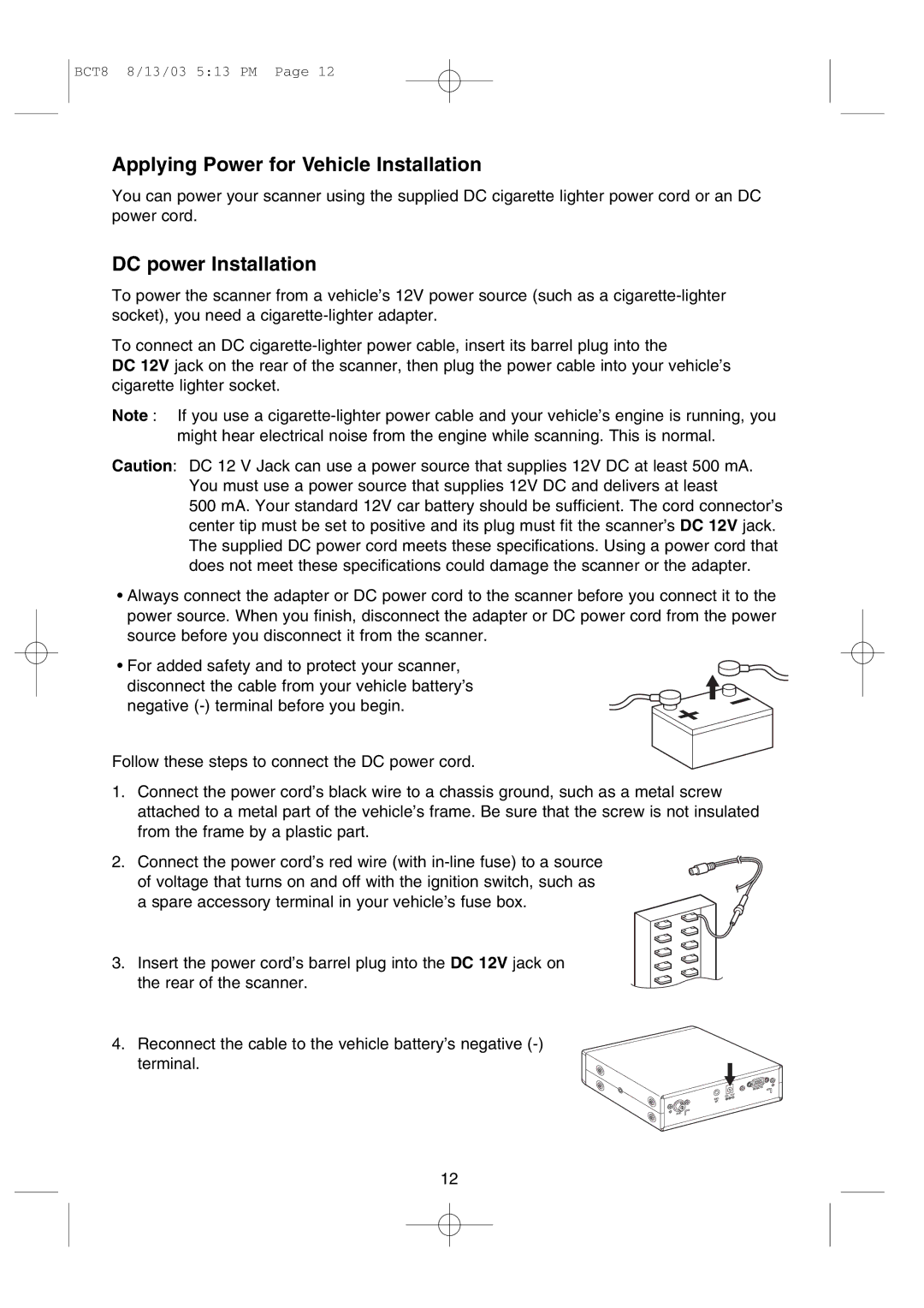 Uniden BCT8 manual Applying Power for Vehicle Installation, DC power Installation 