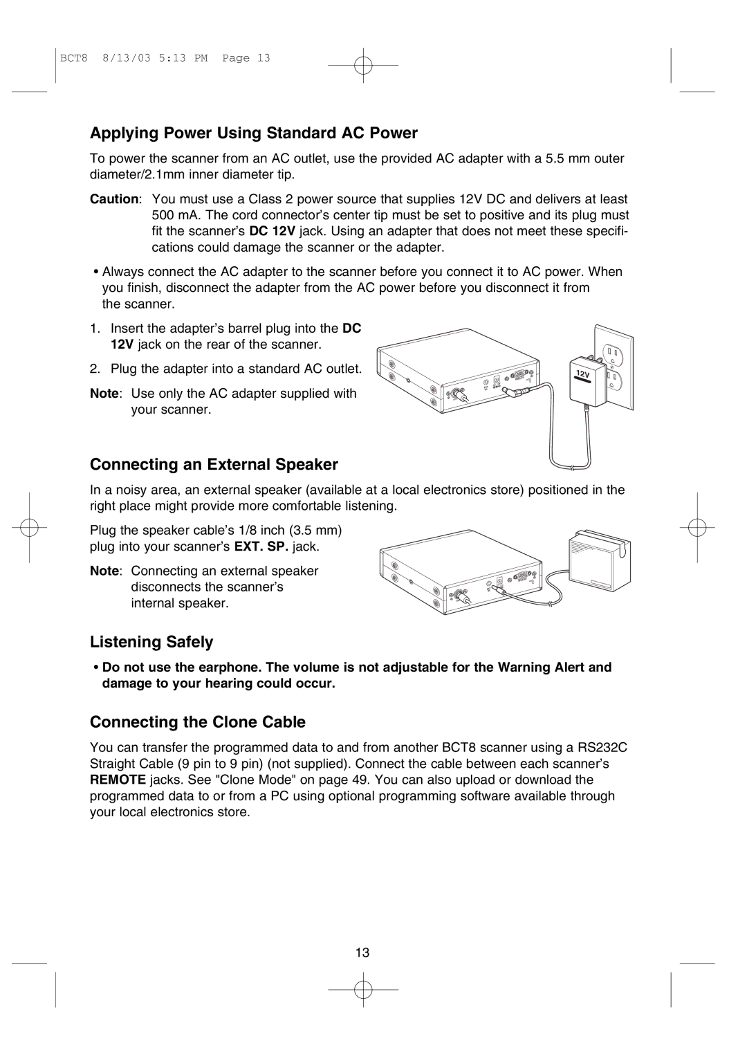 Uniden BCT8 manual Applying Power Using Standard AC Power, Connecting an External Speaker, Listening Safely 