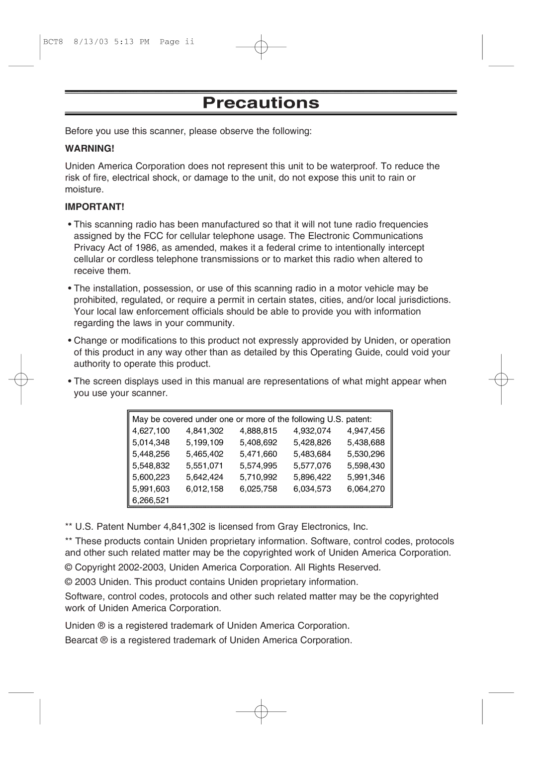 Uniden BCT8 manual Precautions 