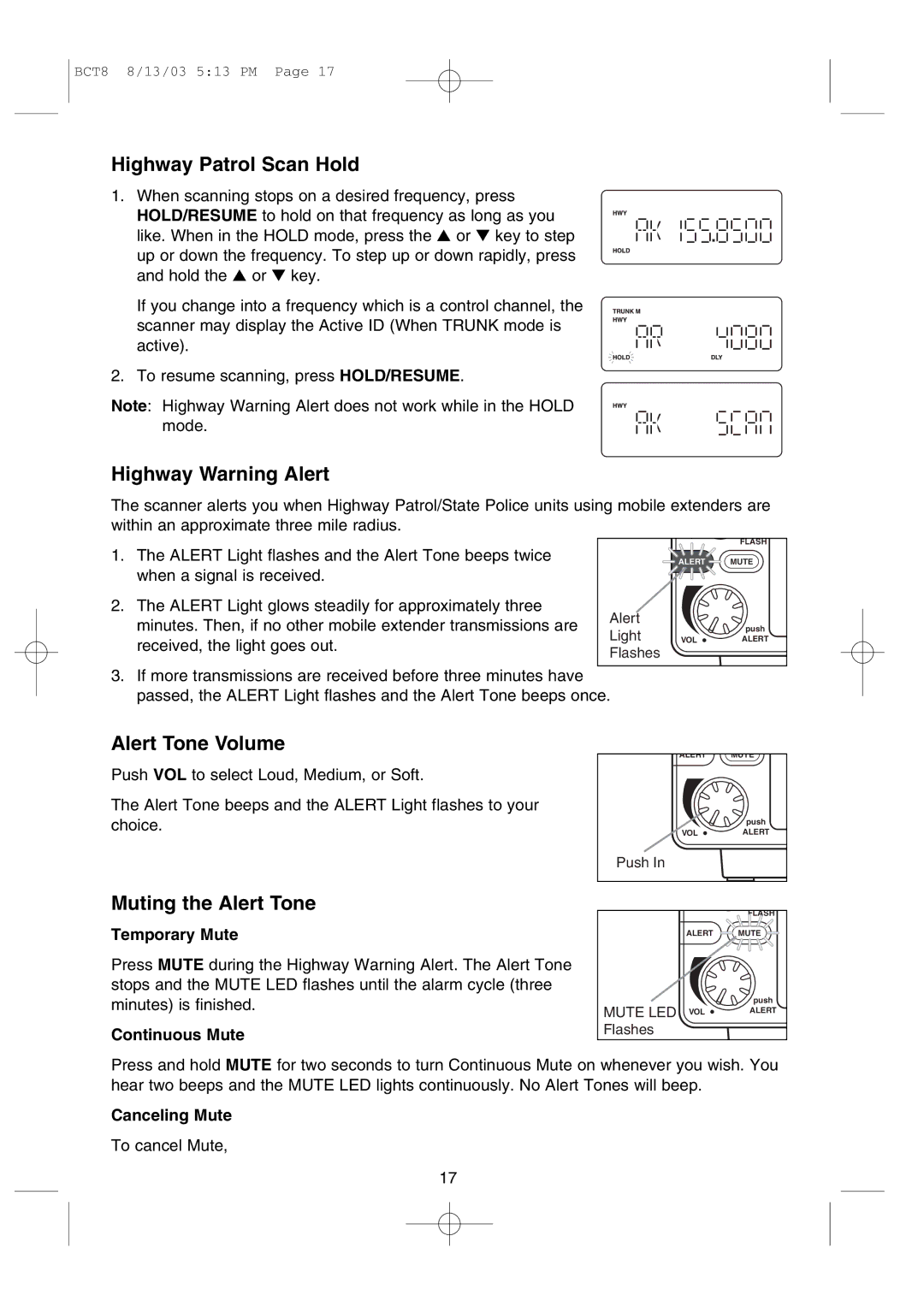 Uniden BCT8 manual Highway Patrol Scan Hold, Highway Warning Alert, Alert Tone Volume, Muting the Alert Tone 