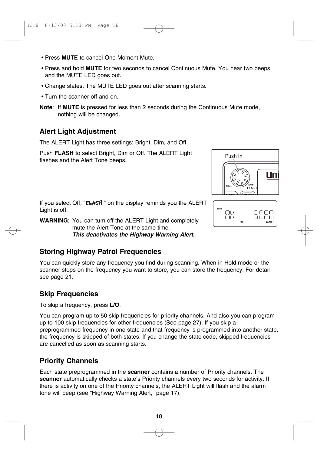 Uniden BCT8 manual Alert Light Adjustment, Storing Highway Patrol Frequencies, Skip Frequencies, Priority Channels 