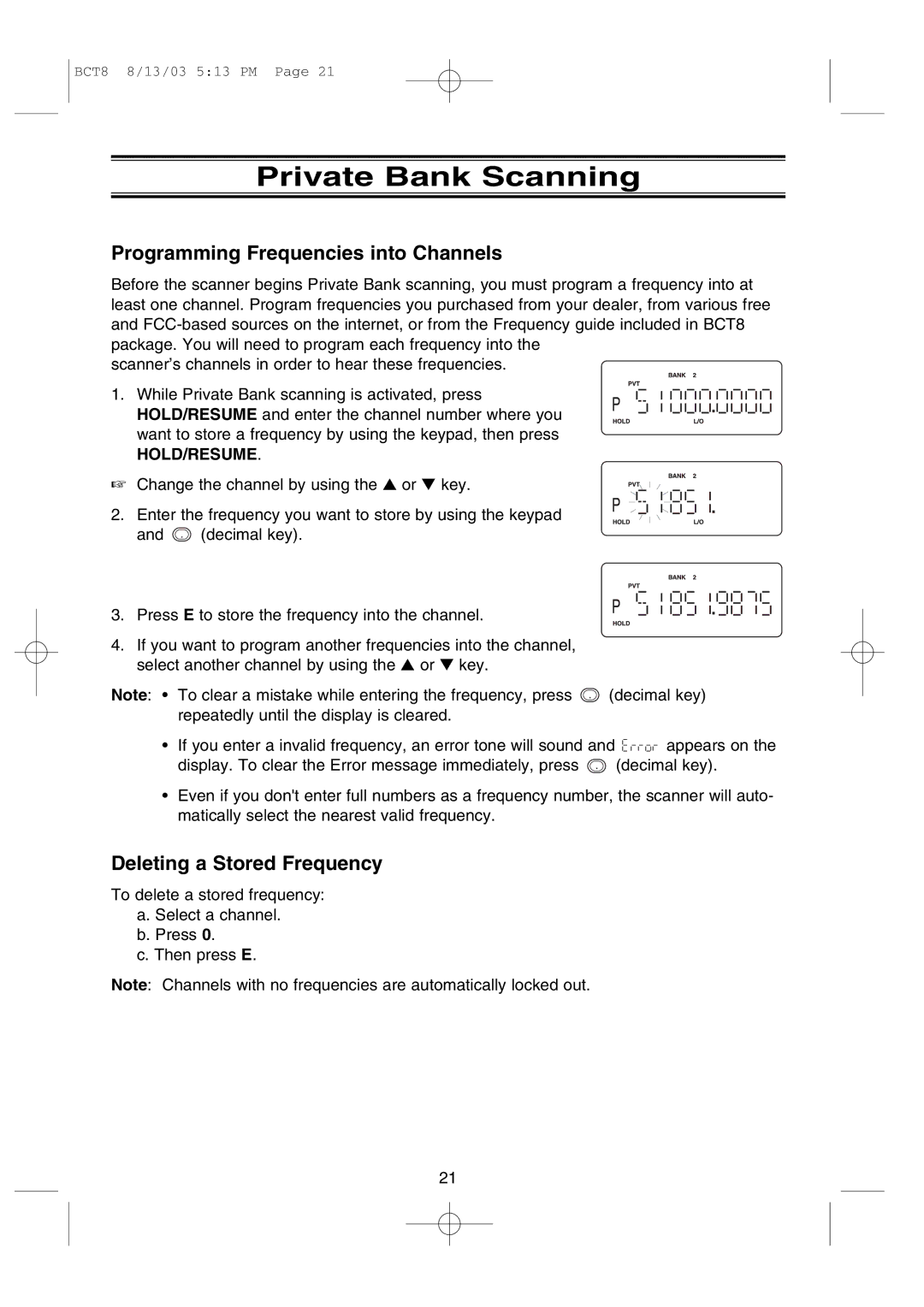 Uniden BCT8 manual Private Bank Scanning, Programming Frequencies into Channels, Deleting a Stored Frequency 