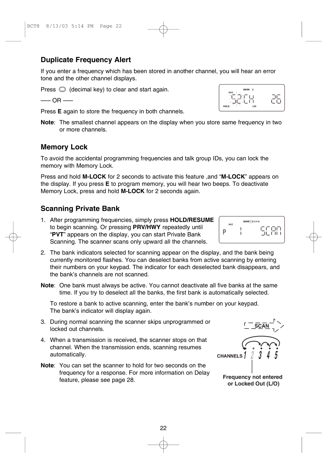 Uniden BCT8 manual Duplicate Frequency Alert, Memory Lock, Scanning Private Bank 