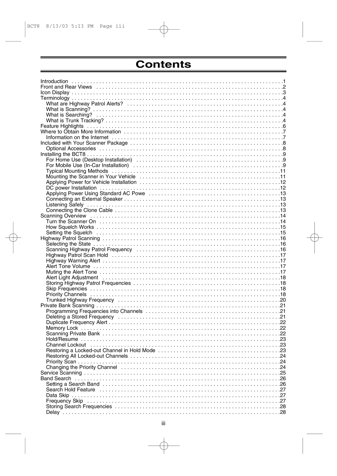 Uniden BCT8 manual Contents 