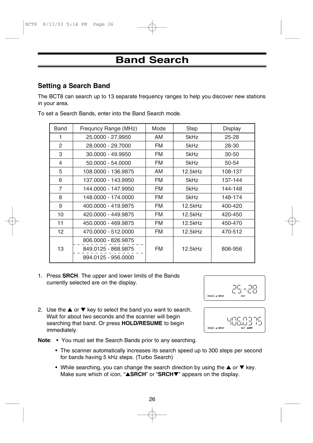 Uniden BCT8 manual Band Search, Setting a Search Band 