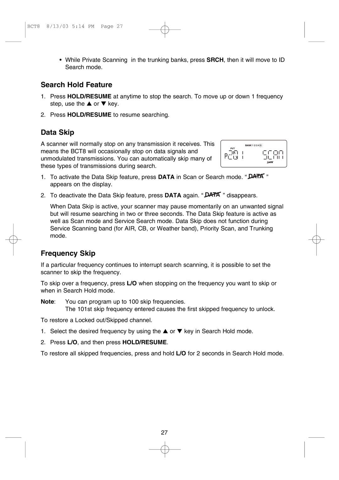 Uniden BCT8 manual Search Hold Feature, Data Skip, Frequency Skip 