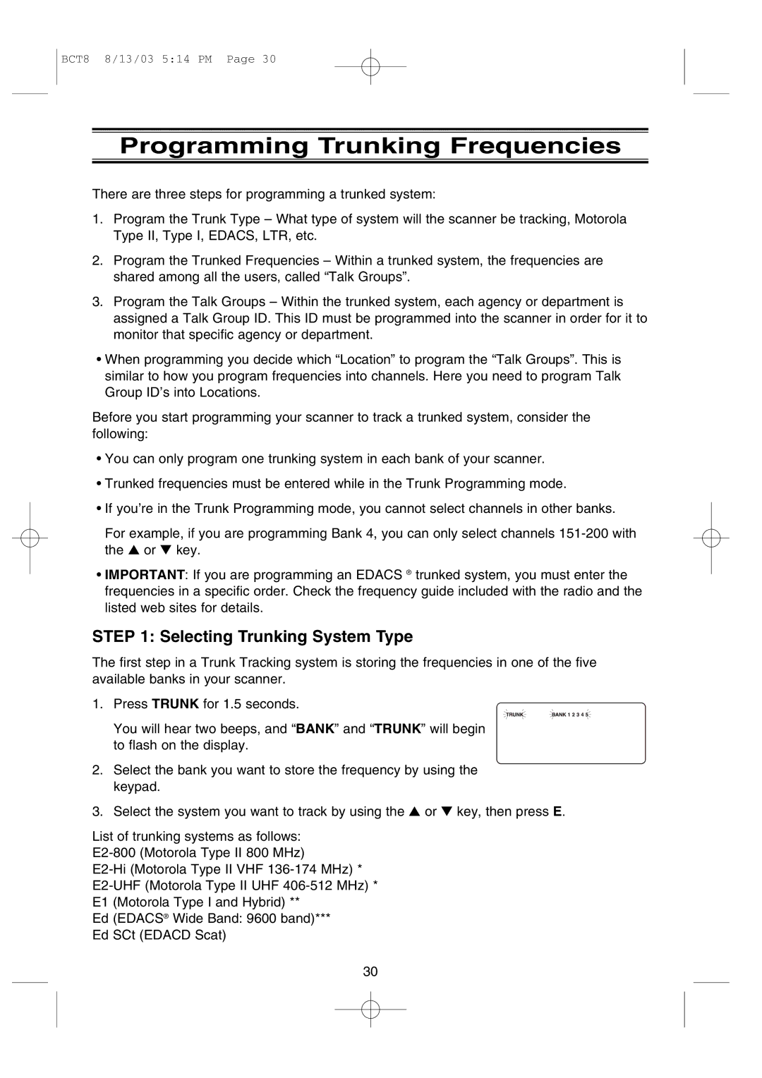 Uniden BCT8 manual Programming Trunking Frequencies, Selecting Trunking System Type 