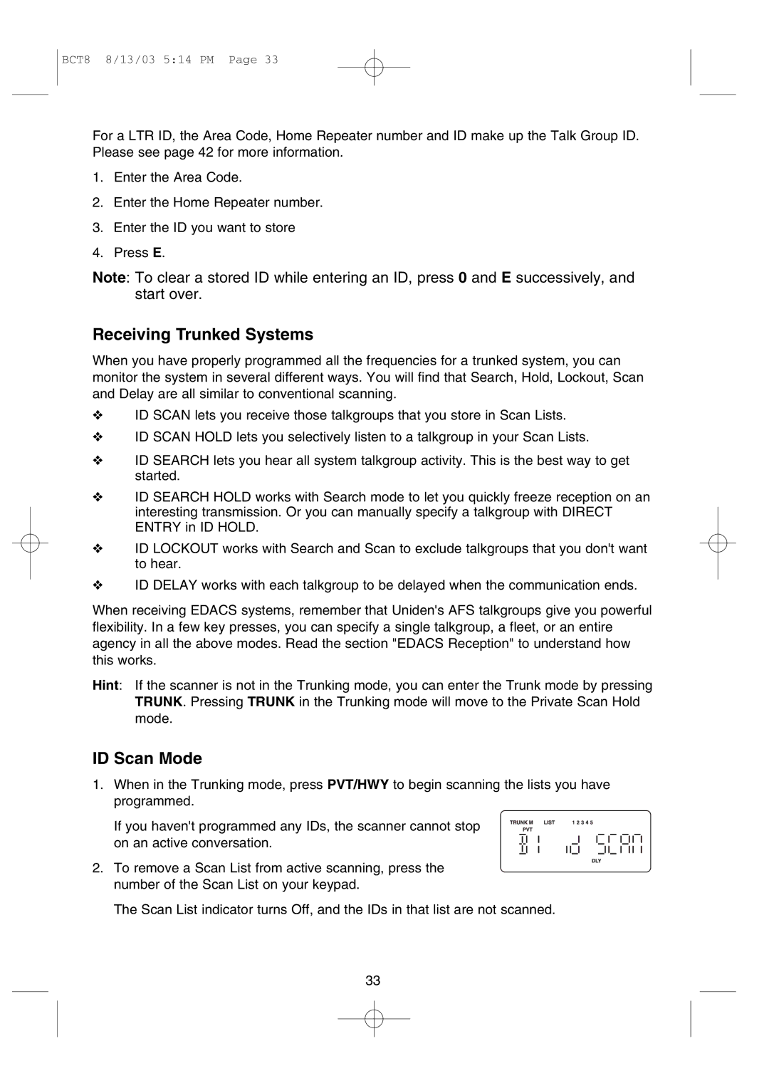 Uniden BCT8 manual Receiving Trunked Systems, ID Scan Mode 