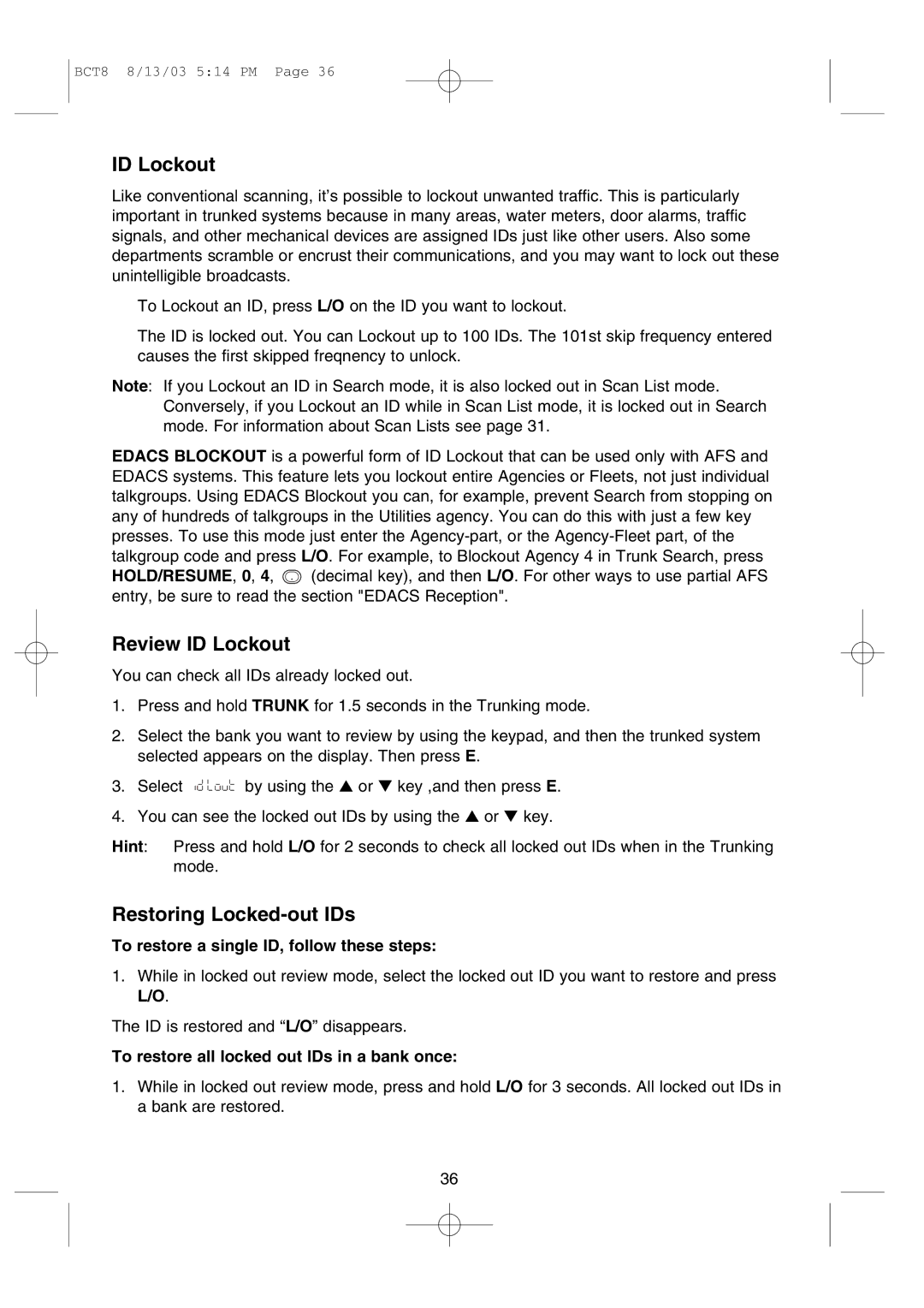 Uniden BCT8 manual Review ID Lockout, Restoring Locked-out IDs, To restore a single ID, follow these steps 