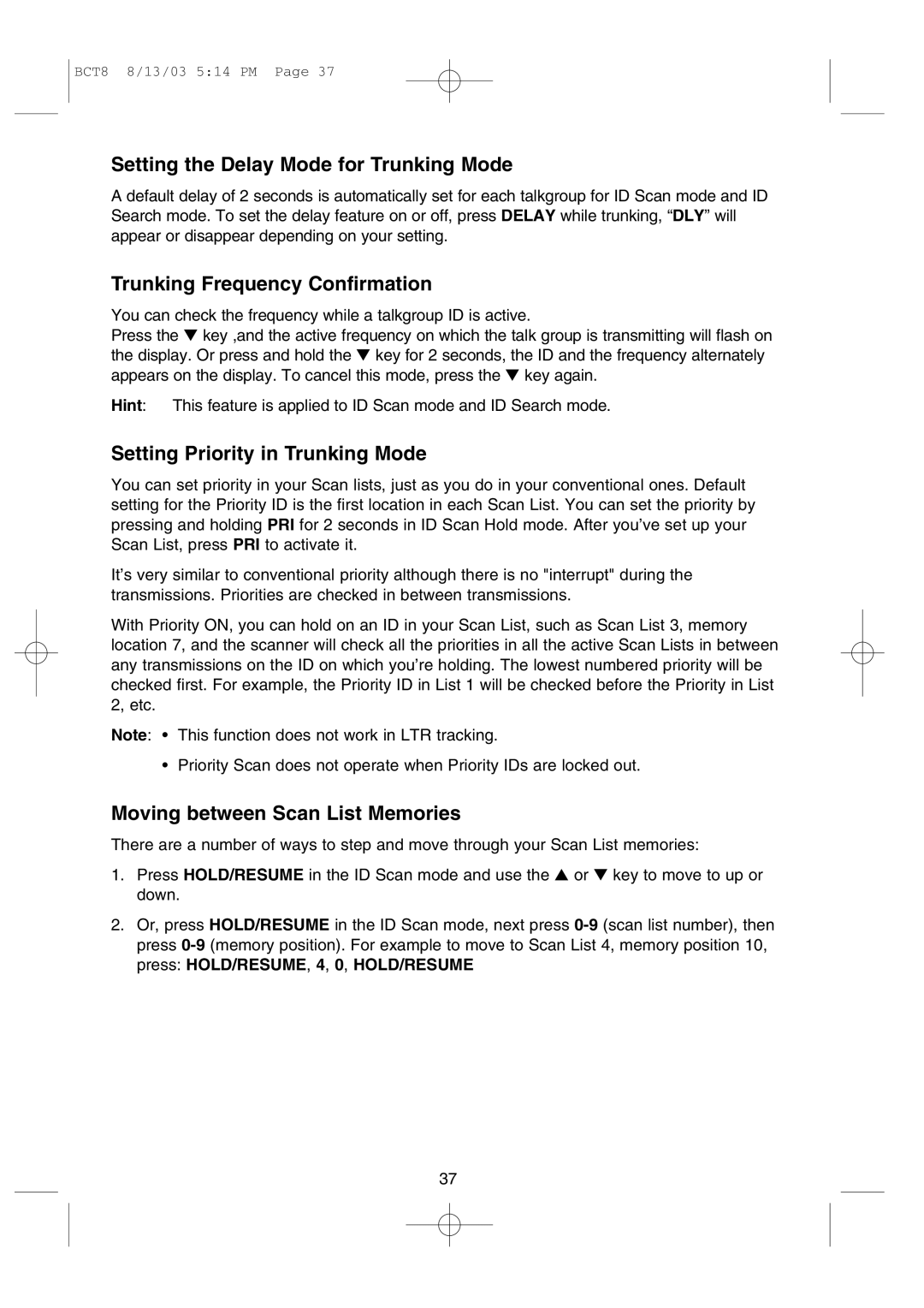 Uniden BCT8 Setting the Delay Mode for Trunking Mode, Trunking Frequency Confirmation, Setting Priority in Trunking Mode 