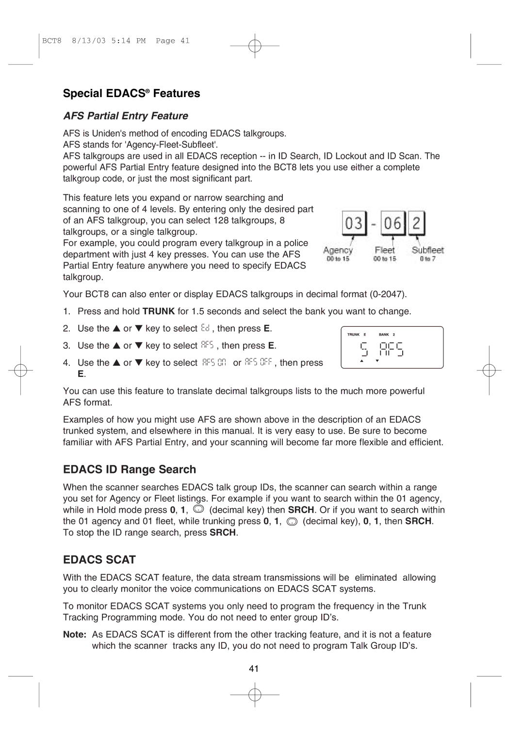 Uniden BCT8 manual Special Edacs Features, AFS Partial Entry Feature 