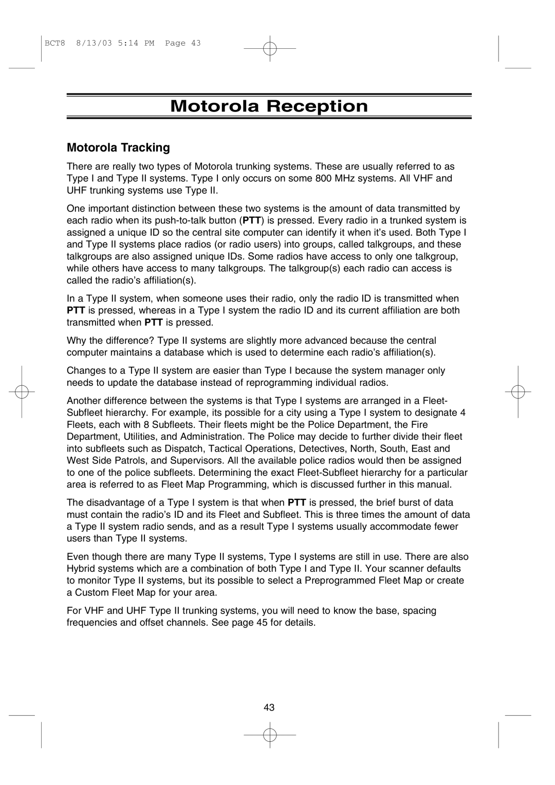 Uniden BCT8 manual Motorola Reception, Motorola Tracking 