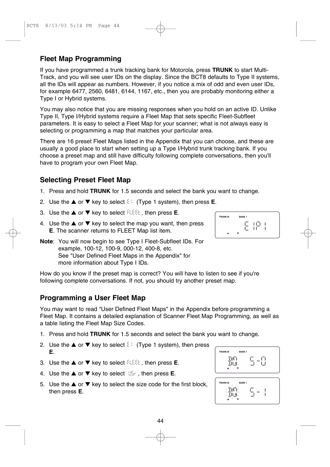 Uniden BCT8 manual Fleet Map Programming, Selecting Preset Fleet Map, Programming a User Fleet Map 