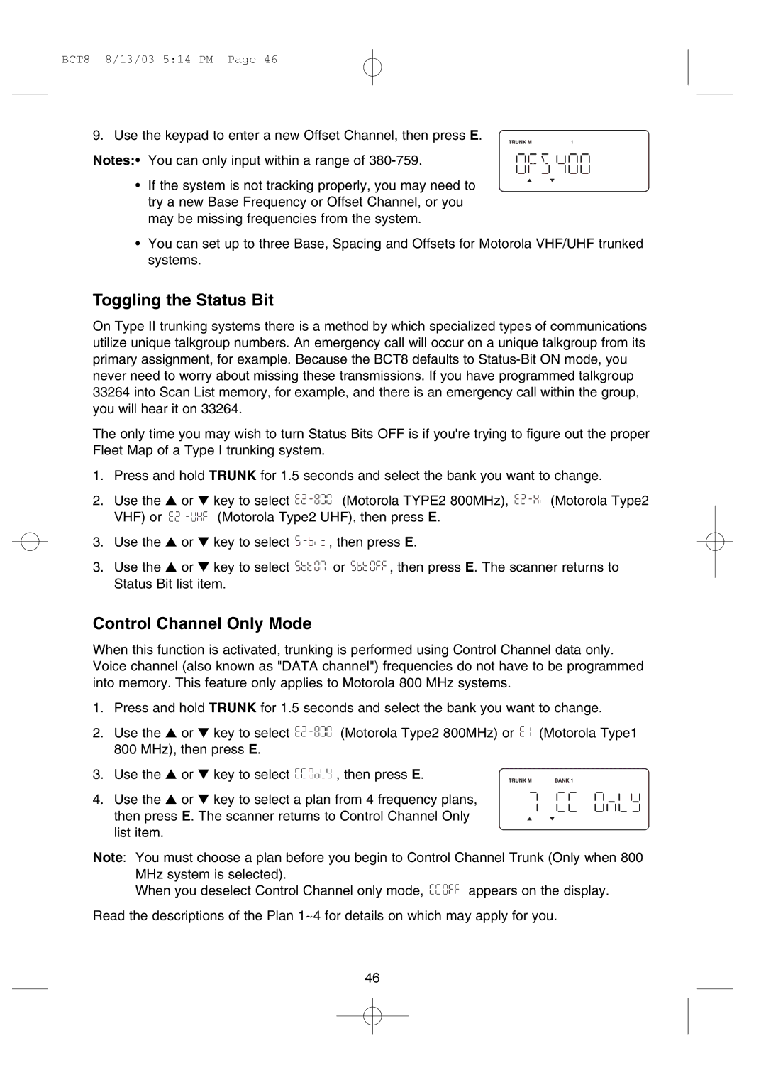 Uniden BCT8 manual Toggling the Status Bit, Control Channel Only Mode 