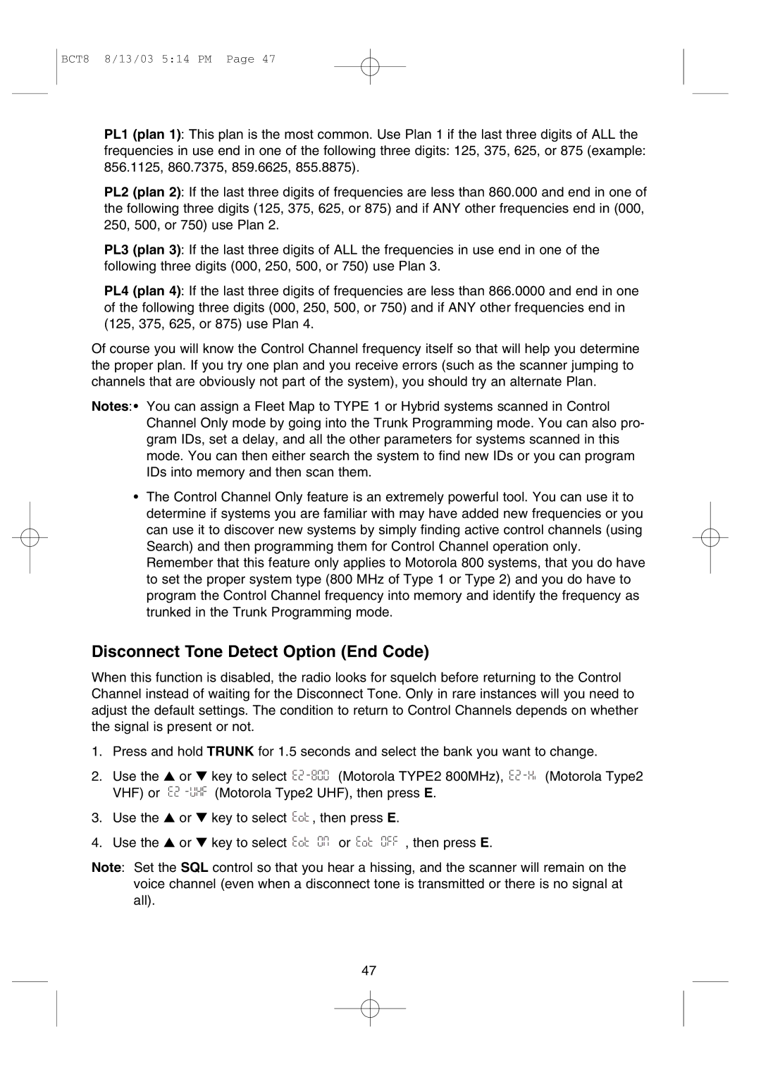 Uniden BCT8 manual Disconnect Tone Detect Option End Code 