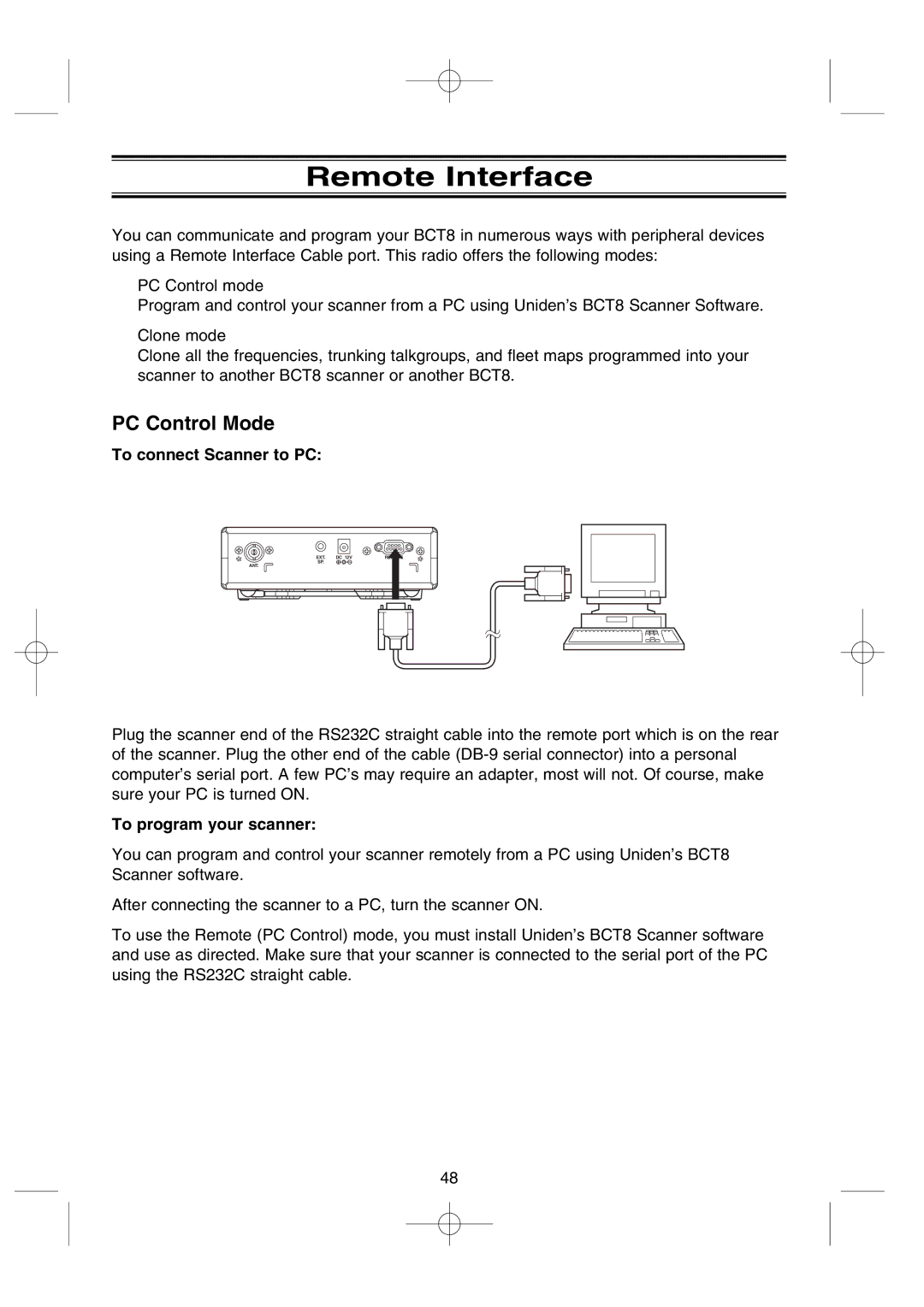 Uniden BCT8 manual Remote Interface, PC Control Mode, To connect Scanner to PC, To program your scanner 