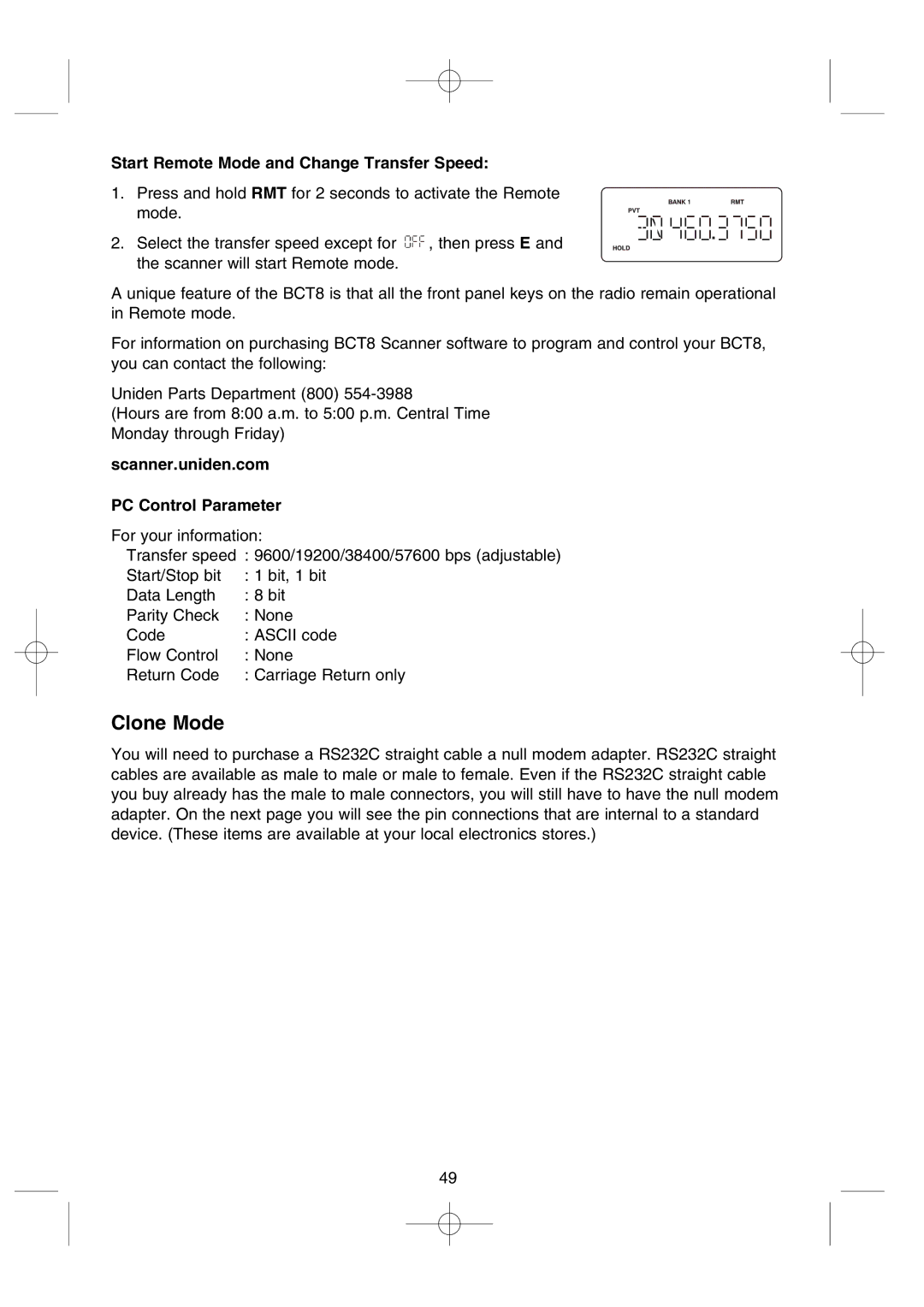 Uniden BCT8 manual Clone Mode, Start Remote Mode and Change Transfer Speed, Scanner.uniden.com PC Control Parameter 