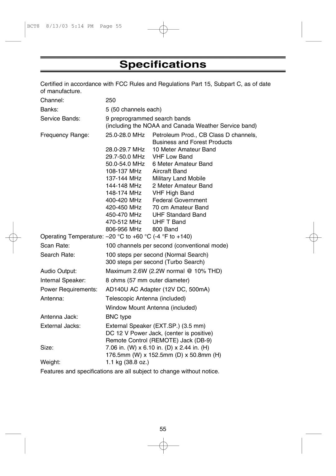 Uniden BCT8 manual Specifications 