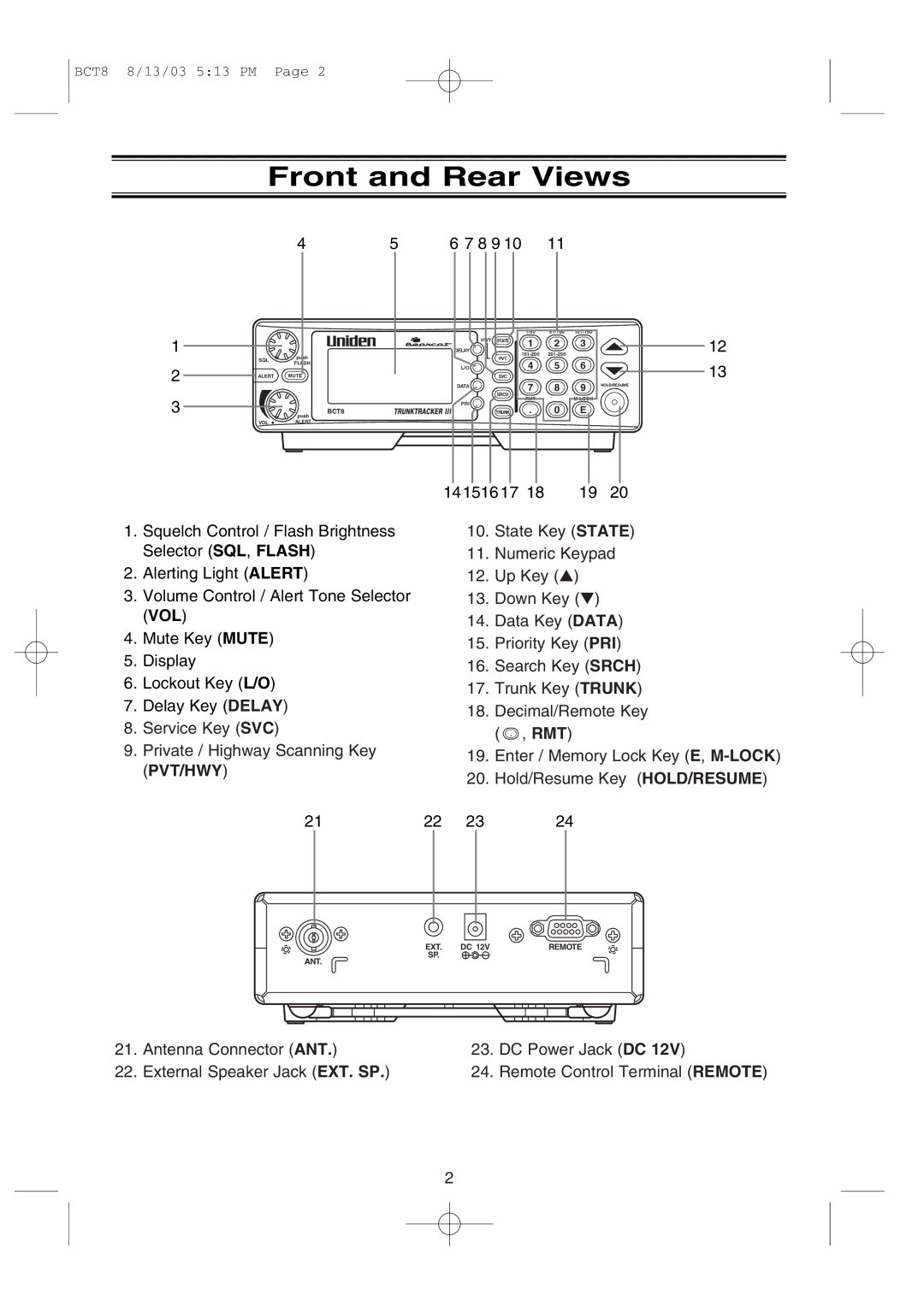 Uniden BCT8 manual Front and Rear Views, 8 9 