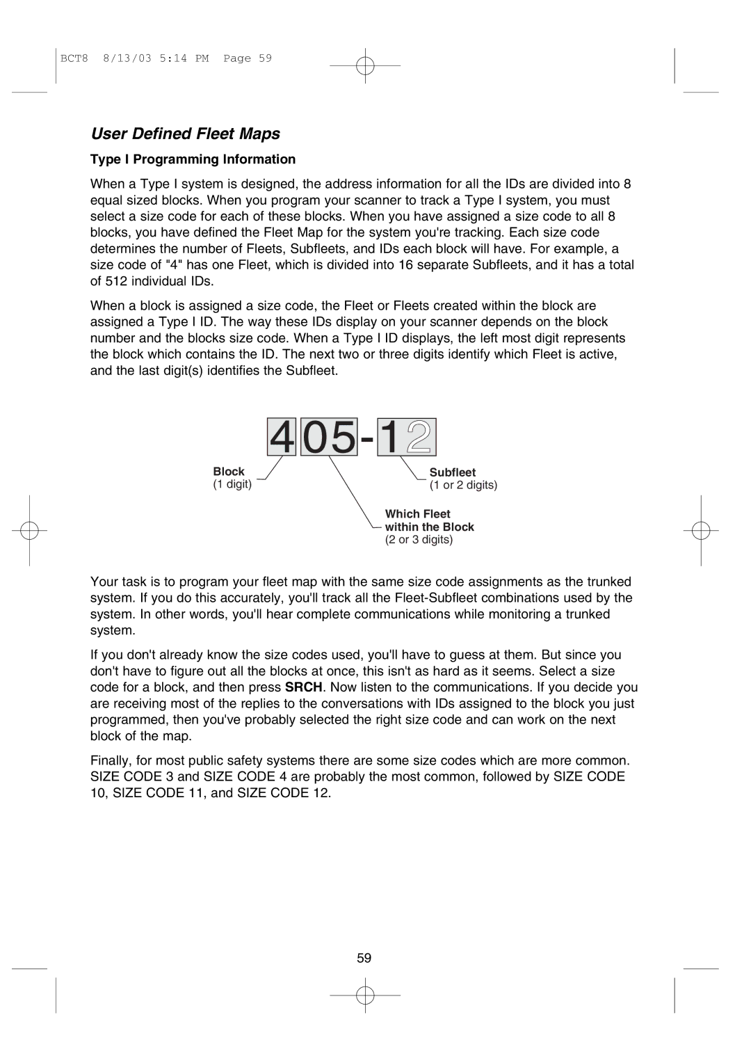 Uniden BCT8 manual User Defined Fleet Maps, Type I Programming Information 