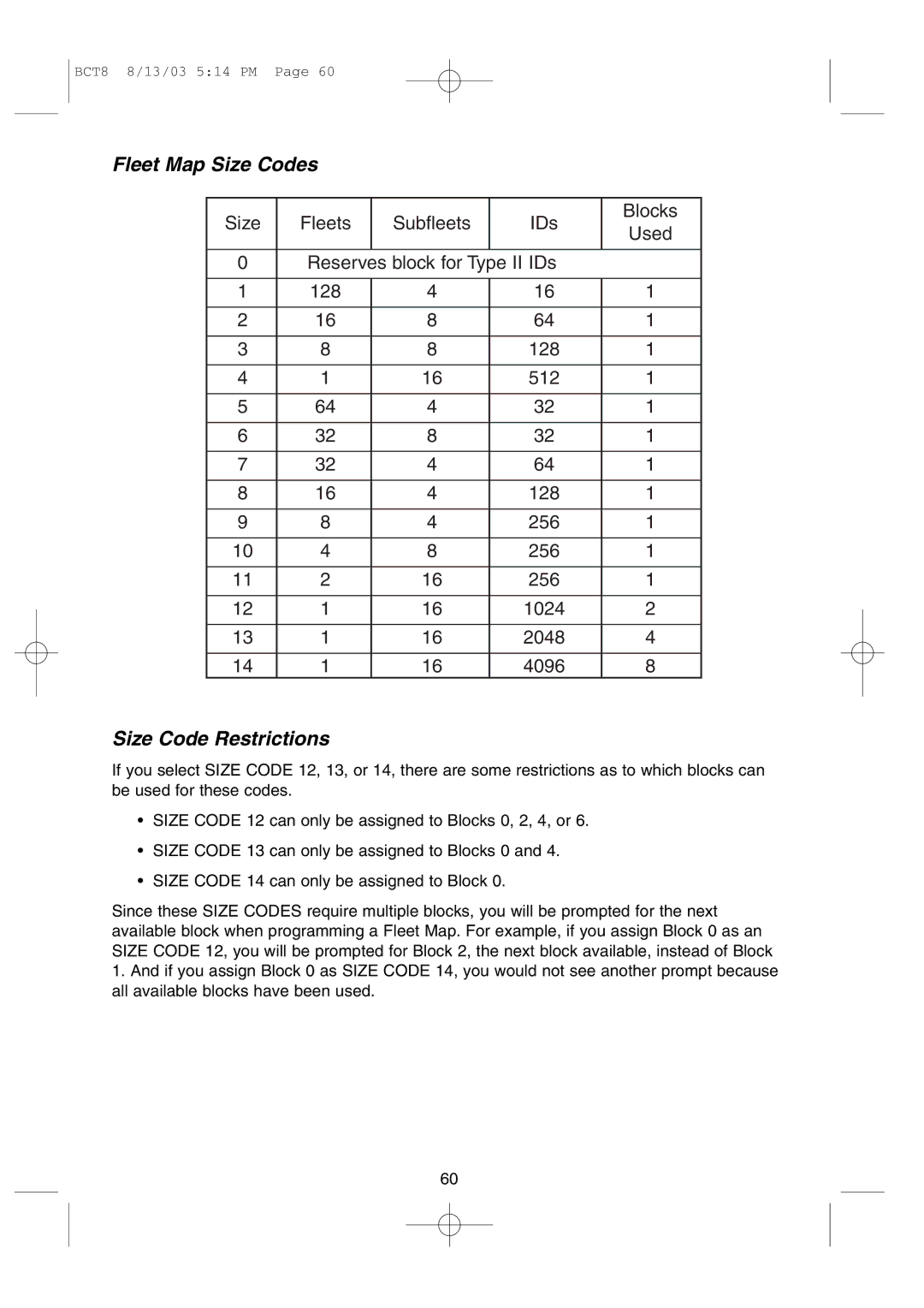 Uniden BCT8 manual Fleet Map Size Codes 