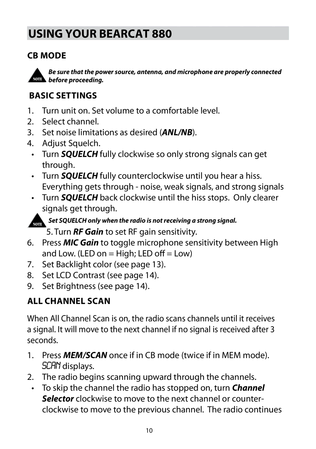 Uniden Bearcat 880 owner manual Using Your Bearcat, CB Mode, Basic Settings, All Channel Scan 