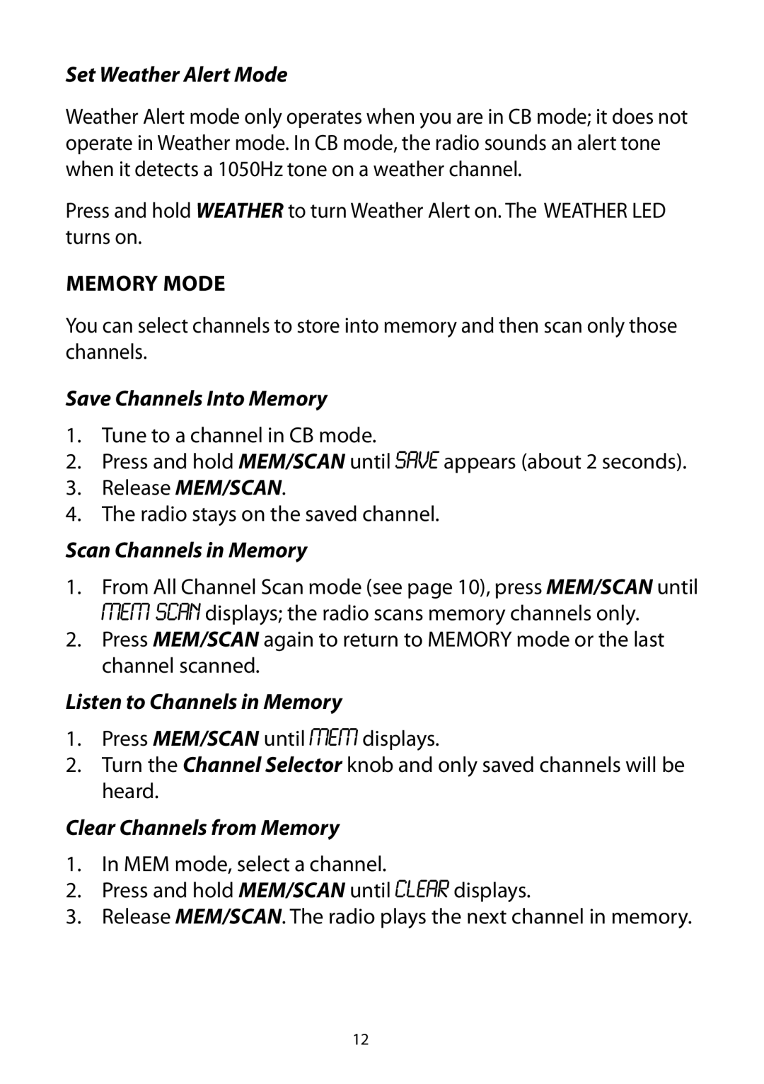 Uniden Bearcat 880 Set Weather Alert Mode, Save Channels Into Memory, Scan Channels in Memory, Clear Channels from Memory 