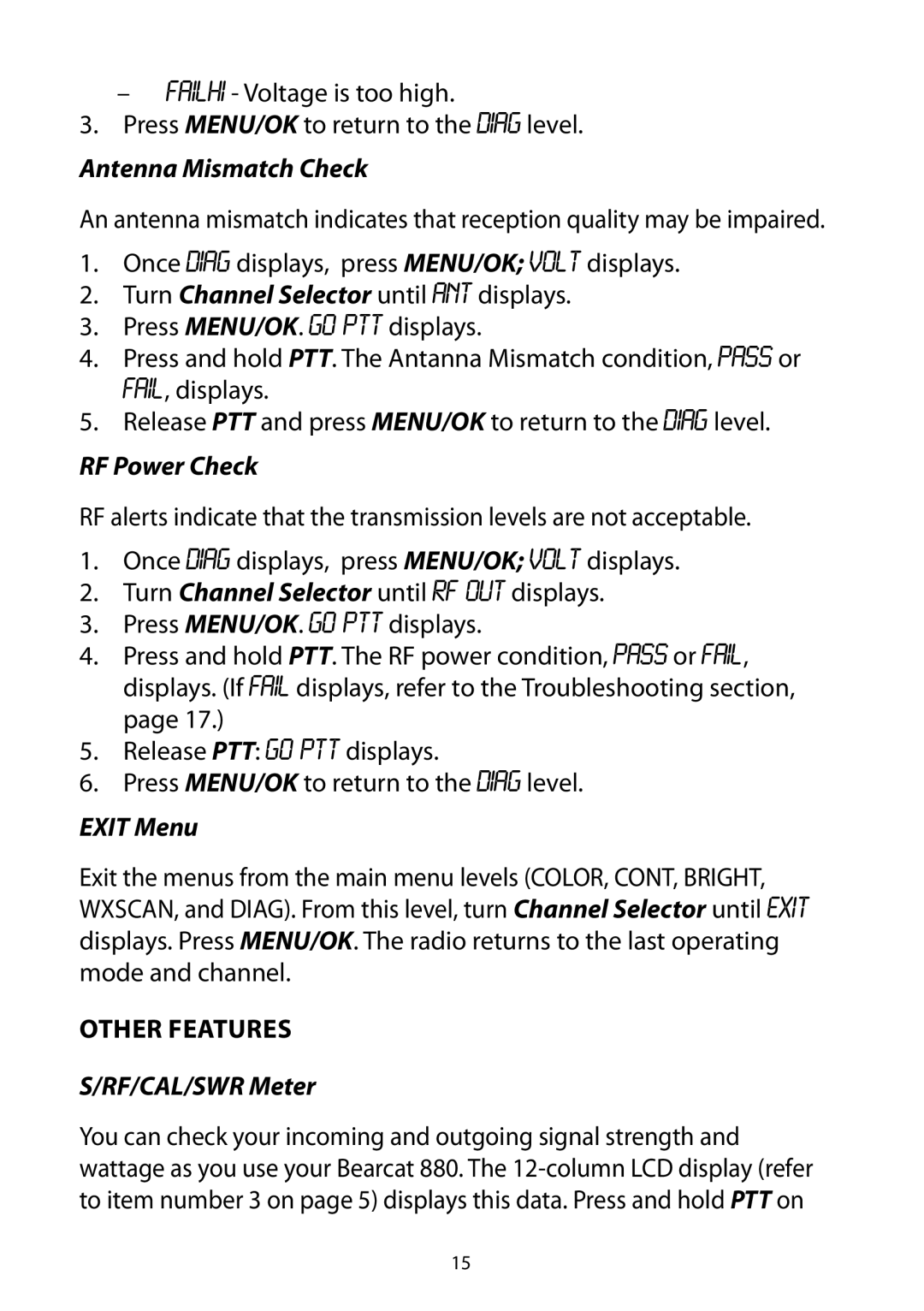 Uniden Bearcat 880 owner manual Antenna Mismatch Check, RF Power Check, Exit Menu, Other Features, RF/CAL/SWR Meter 