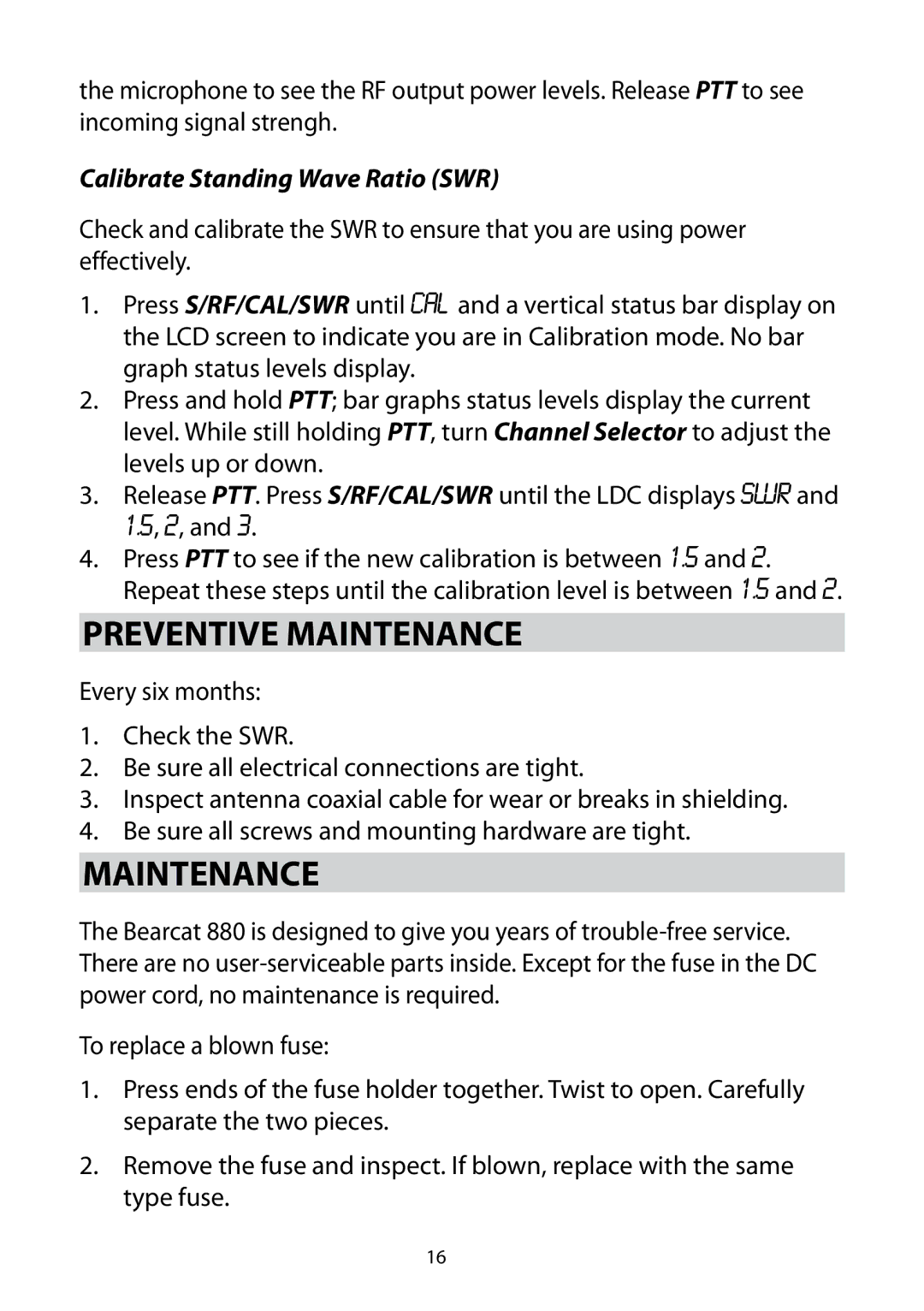 Uniden Bearcat 880 owner manual Preventive Maintenance, Calibrate Standing Wave Ratio SWR 