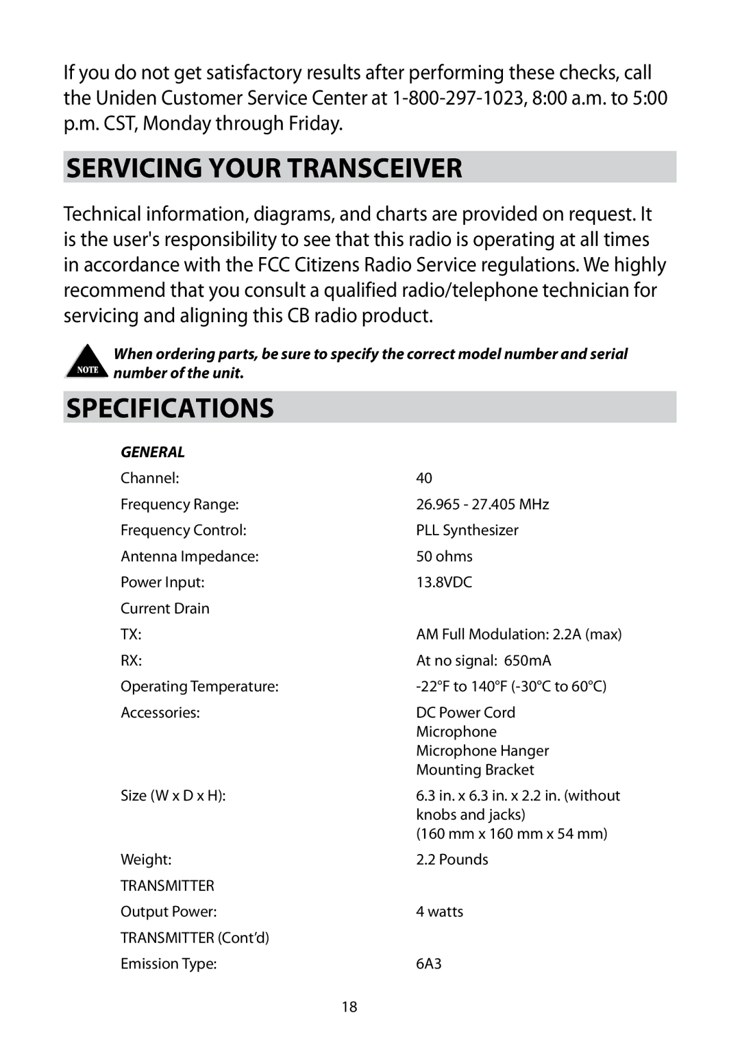 Uniden Bearcat 880 owner manual Servicing Your Transceiver, SpEcifications 