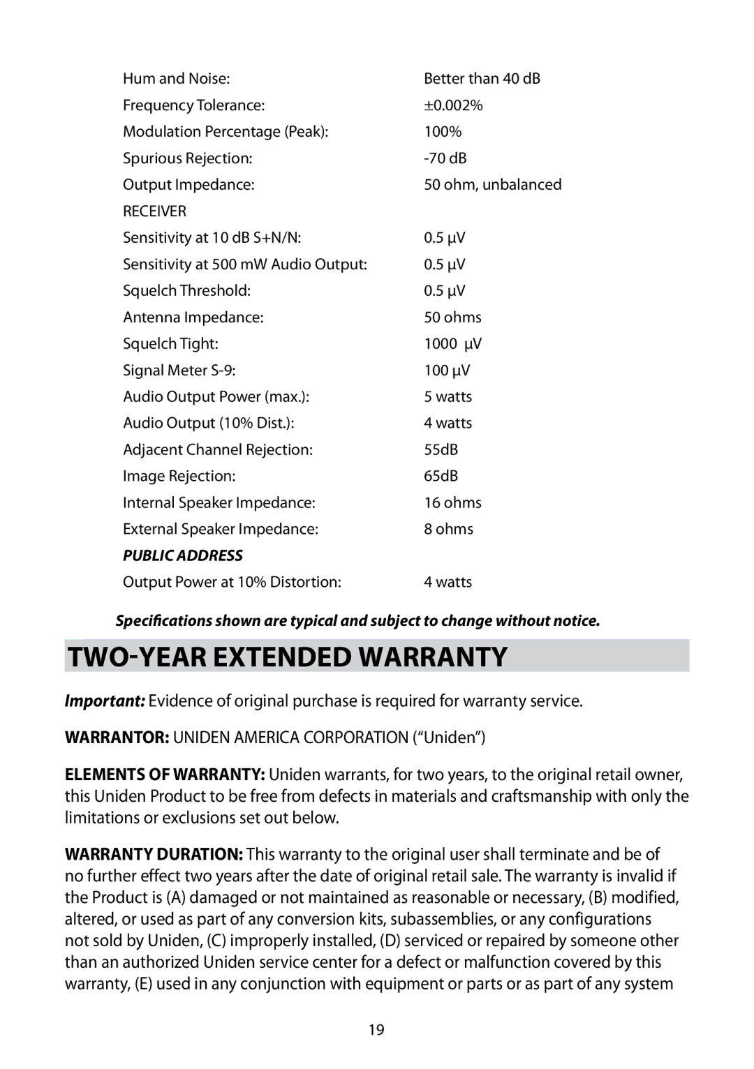 Uniden Bearcat 880 owner manual Two-Year Extended Warranty, Receiver 