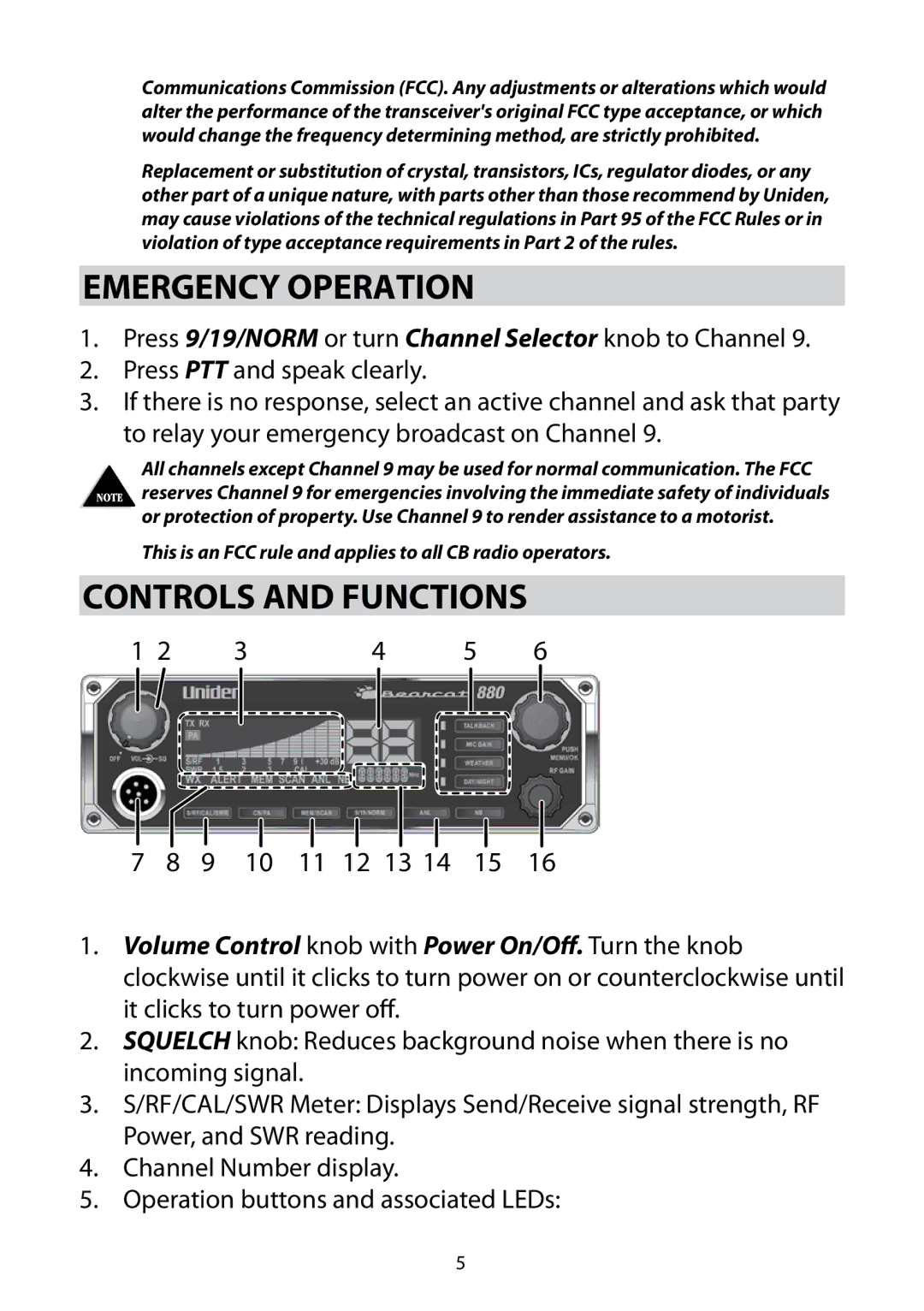 Uniden Bearcat 880 owner manual Emergency Operation, Controls and Functions 