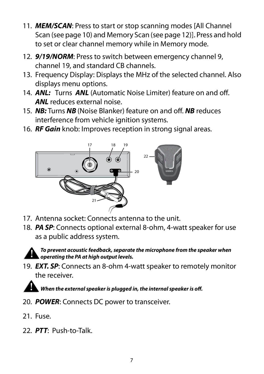 Uniden Bearcat 880 owner manual Power Connects DC power to transceiver Fuse PTT Push-to-Talk 