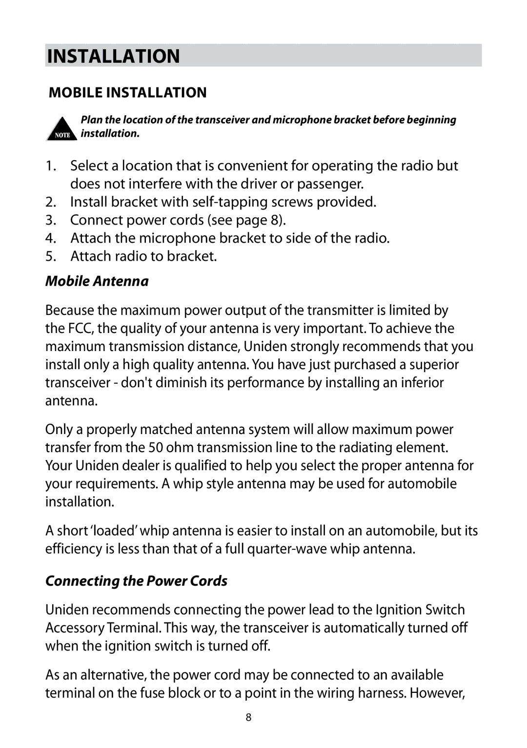 Uniden Bearcat 880 owner manual Mobile Installation, Mobile Antenna, Connecting the Power Cords 