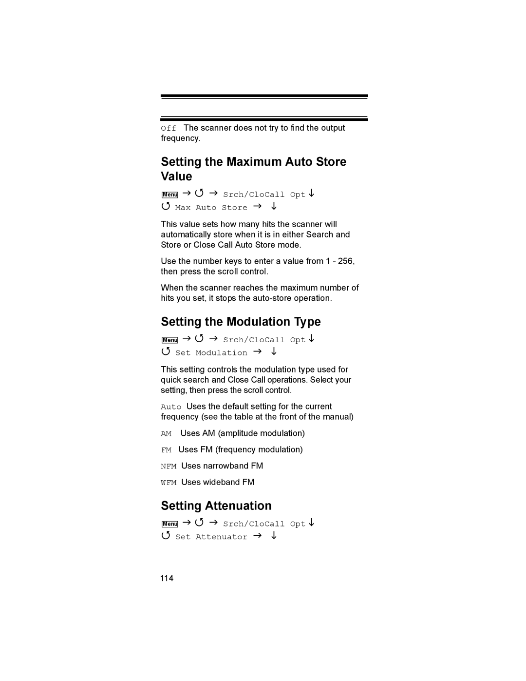 Uniden BR330T owner manual Setting the Maximum Auto Store Value, Setting the Modulation Type, Setting Attenuation 