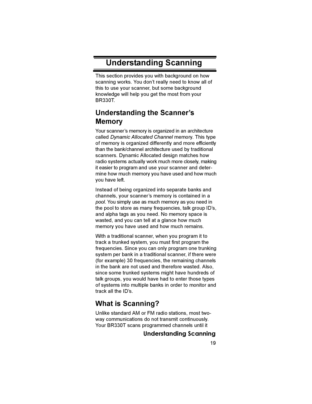 Uniden BR330T owner manual Understanding Scanning, Understanding the Scanner’s Memory, What is Scanning? 