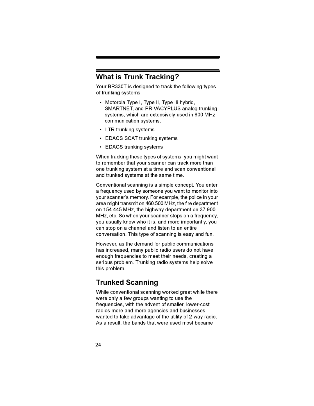 Uniden BR330T owner manual What is Trunk Tracking?, Trunked Scanning 