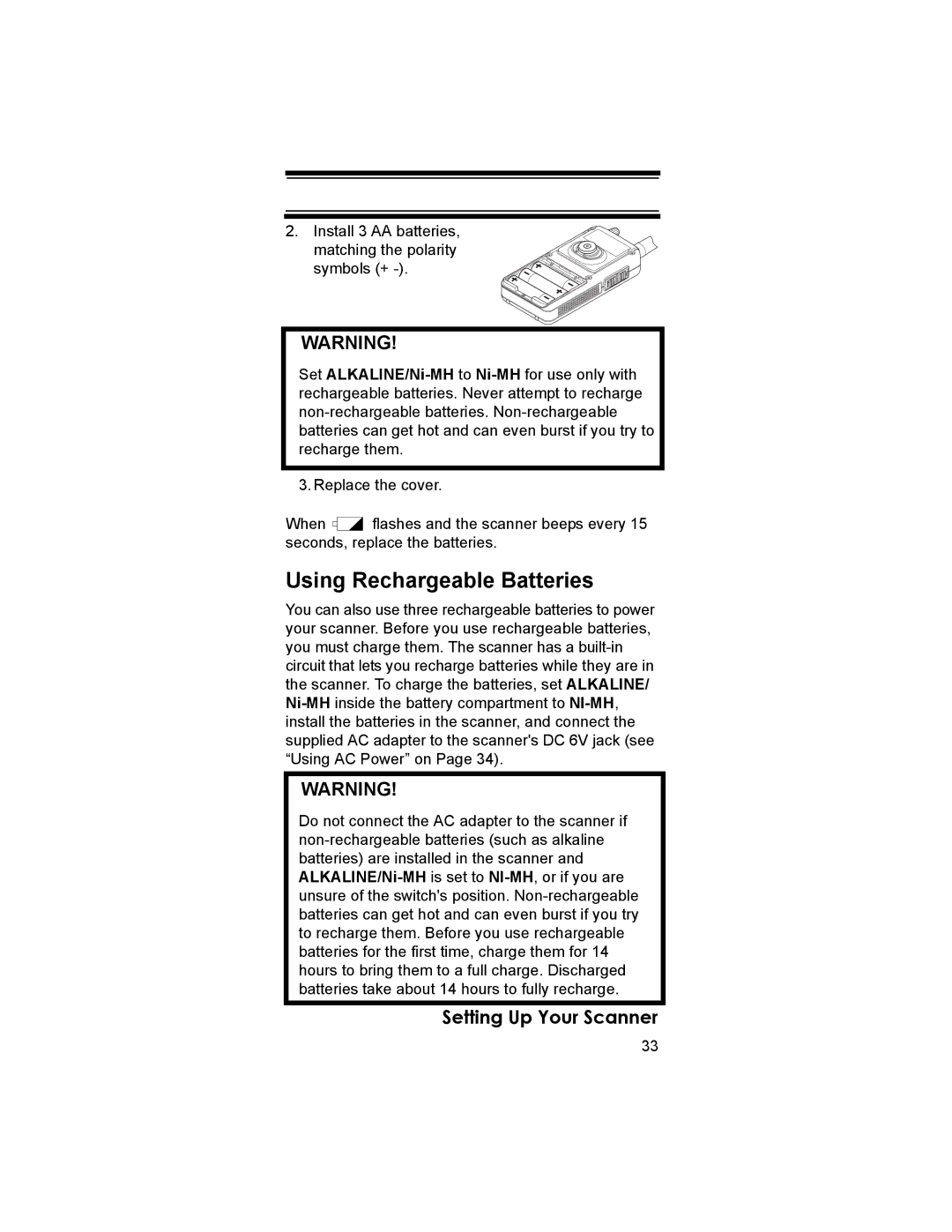 Uniden BR330T owner manual Using Rechargeable Batteries, Setting Up Your Scanner 