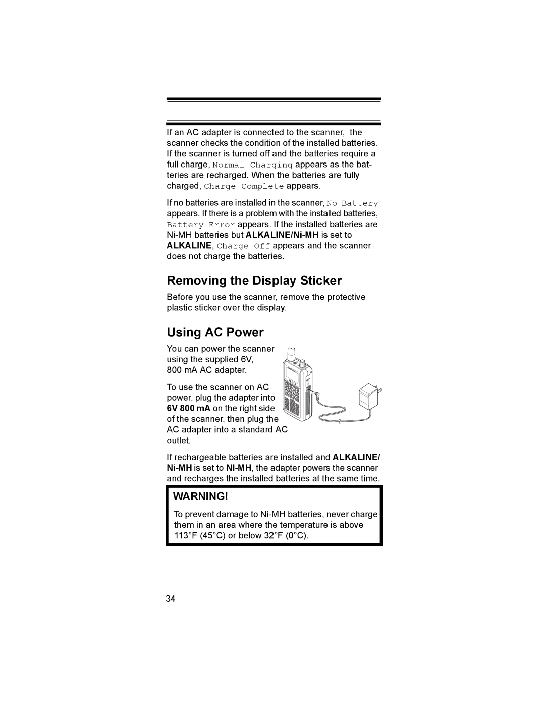 Uniden BR330T owner manual Removing the Display Sticker, Using AC Power 