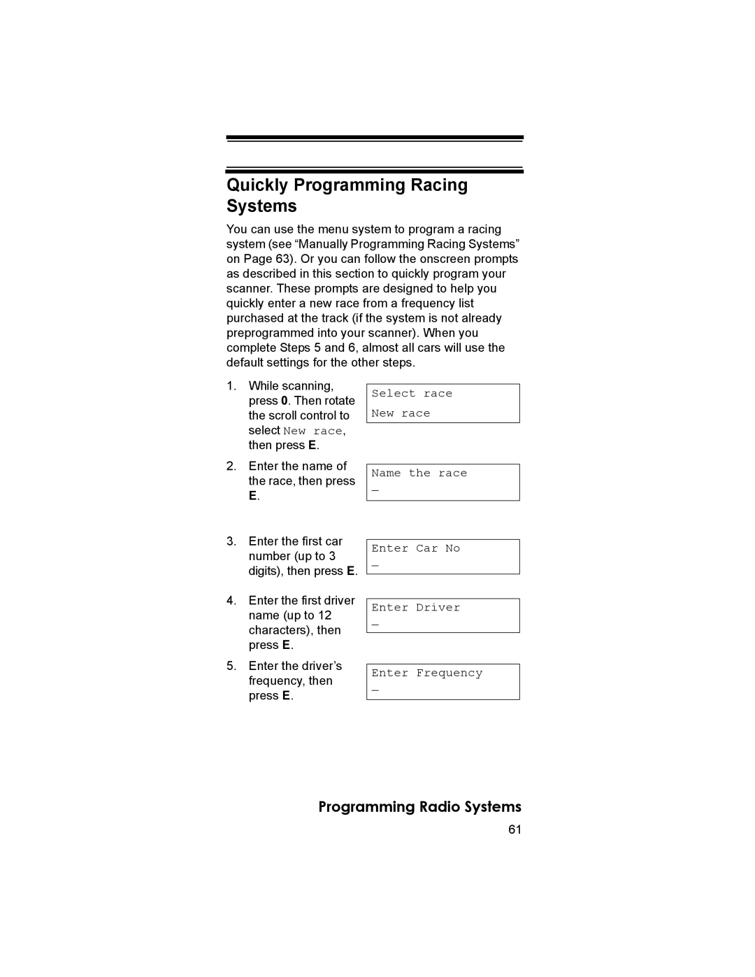 Uniden BR330T owner manual Quickly Programming Racing Systems, Programming Radio Systems 